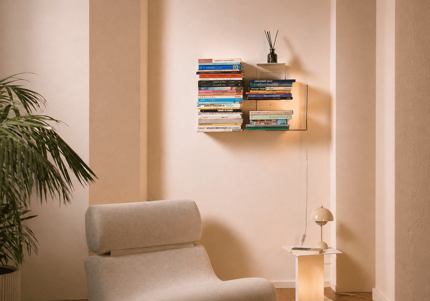 Étagère verticale design avec livres murale sur mur étroit dans un salon moderne et minimaliste