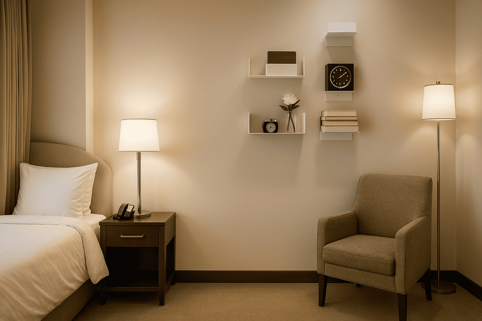 agencement chambre hôtel minimaliste avec étagères flottantes et fauteuil confortable