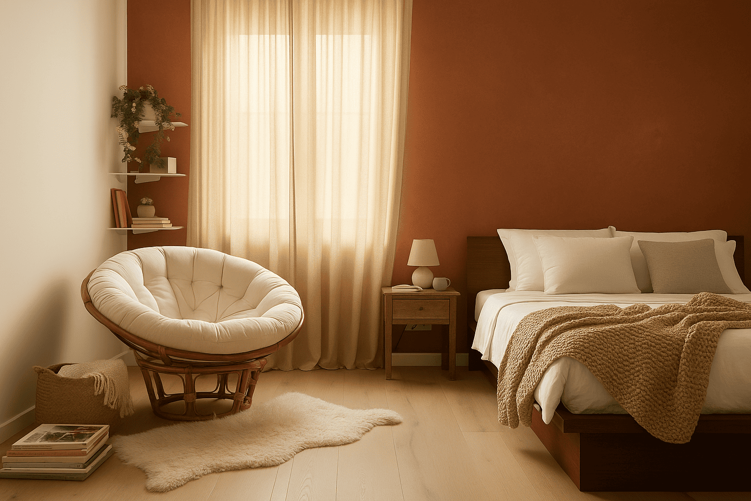 agencement chambre hôtel bohème avec chaise papasan et mur couleur terre cuite