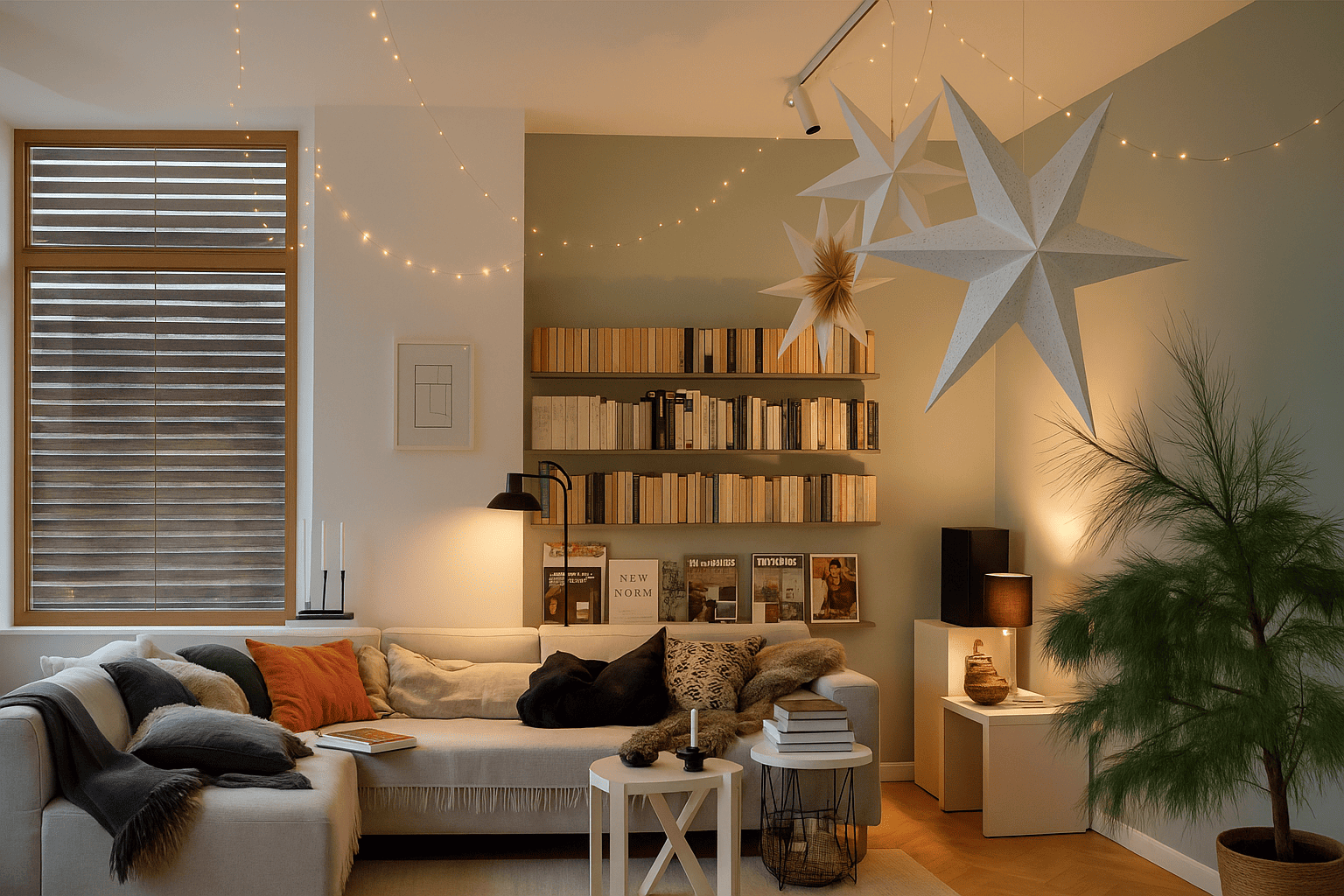 Salon cosy scandinave avec étagères murales pleines de livres – exemple élégant de taille bibliothèque salon avec profondeur bibliothèque adaptée à un aménagement chaleureux et fonctionnel.