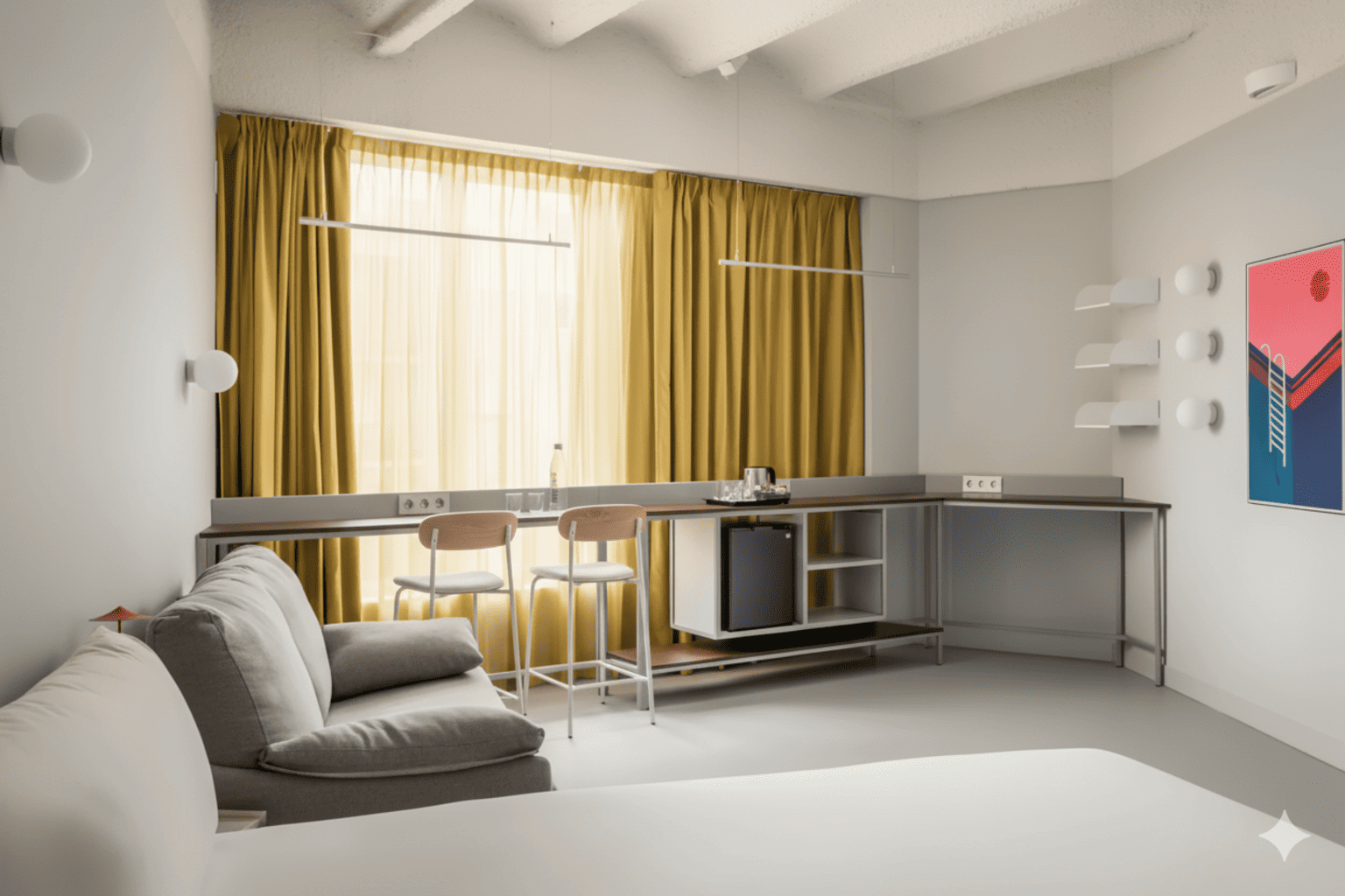 étagère pour hôtel dans une chambre contemporaine avec espace de travail