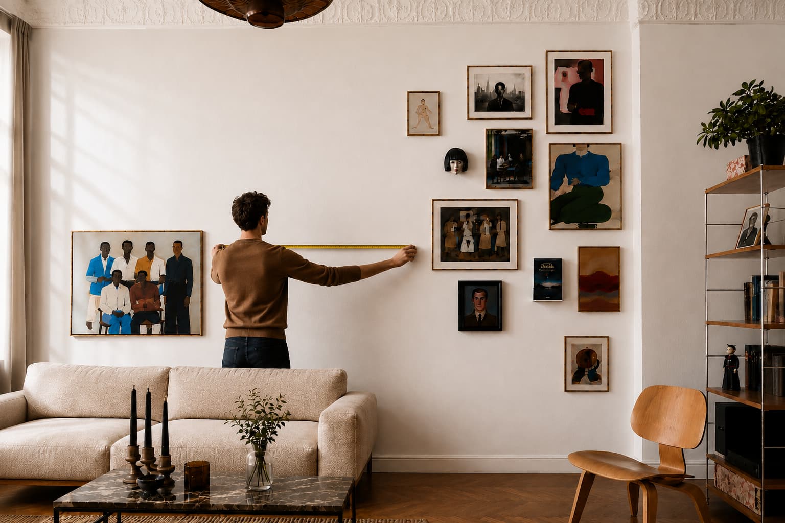 Mesure de la largeur disponible d’un mur avant l’aménagement d’une bibliothèque murale dans un salon