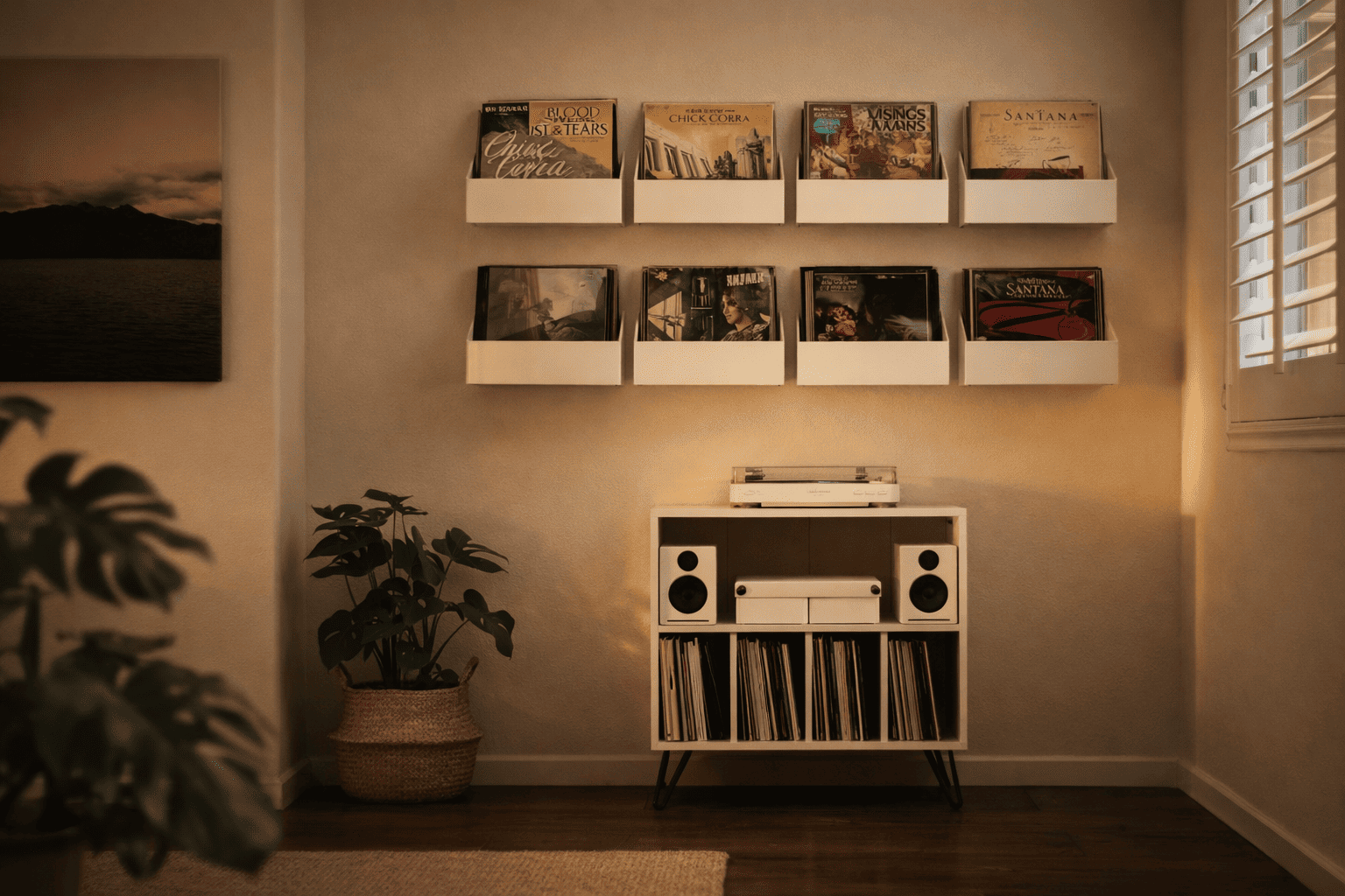 Salon chaleureux avec bacs à vinyle muraux blancs disposés en deux rangées sur un mur beige, au-dessus d’un meuble blanc avec platine vinyle, enceintes, plante verte et parquet foncé.