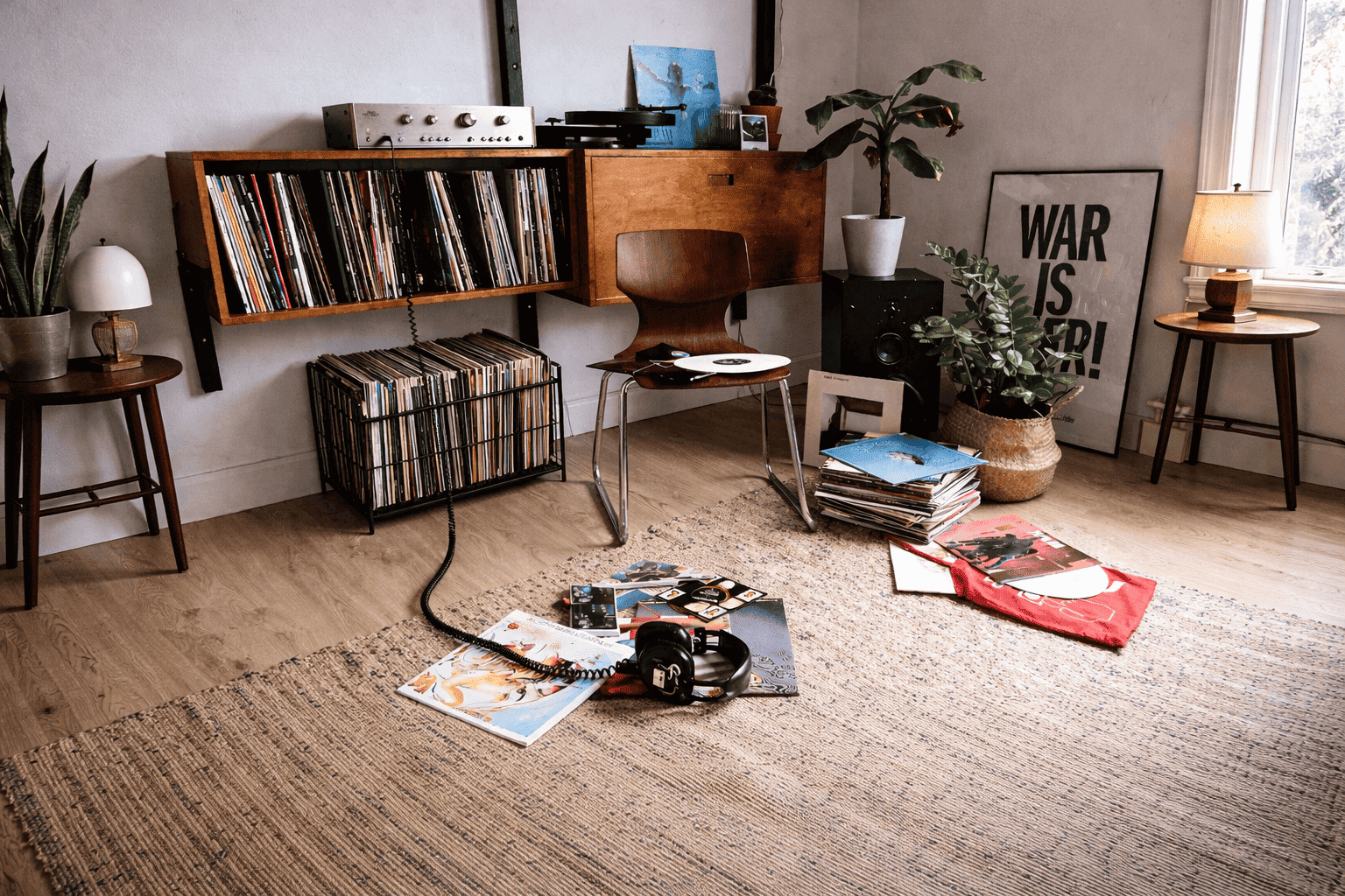 Coin d’écoute vintage dans un intérieur lumineux au style mid-century, avec meuble mural pour platine vinyle, ampli, chaise en bois, plantes d’intérieur, affiche encadrée, piles de disques, casque audio sur tapis tissé et bac à vinyle en bois rempli de vinyles, baigné par une douce lumière naturelle.