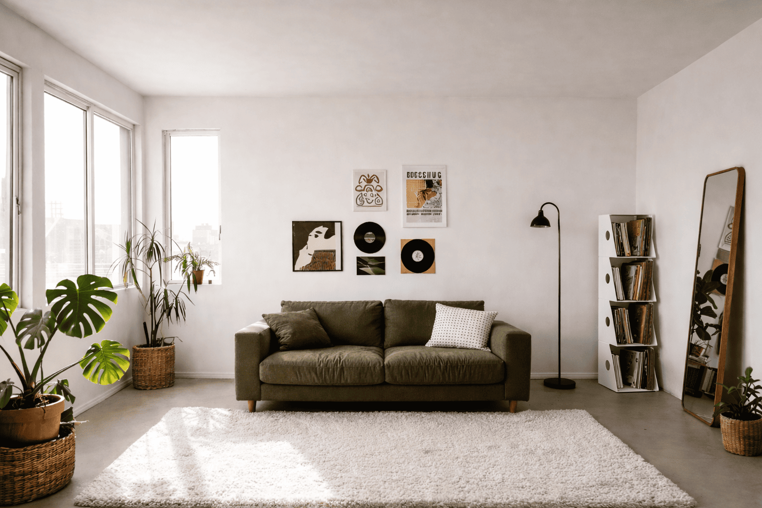 Salon minimaliste et lumineux avec canapé gris, grand tapis blanc, plantes d’intérieur, lampadaire noir, miroir posé au sol, affiches murales et bac à vinyle blanc rempli de disques, dans une ambiance douce et épurée baignée de lumière naturelle