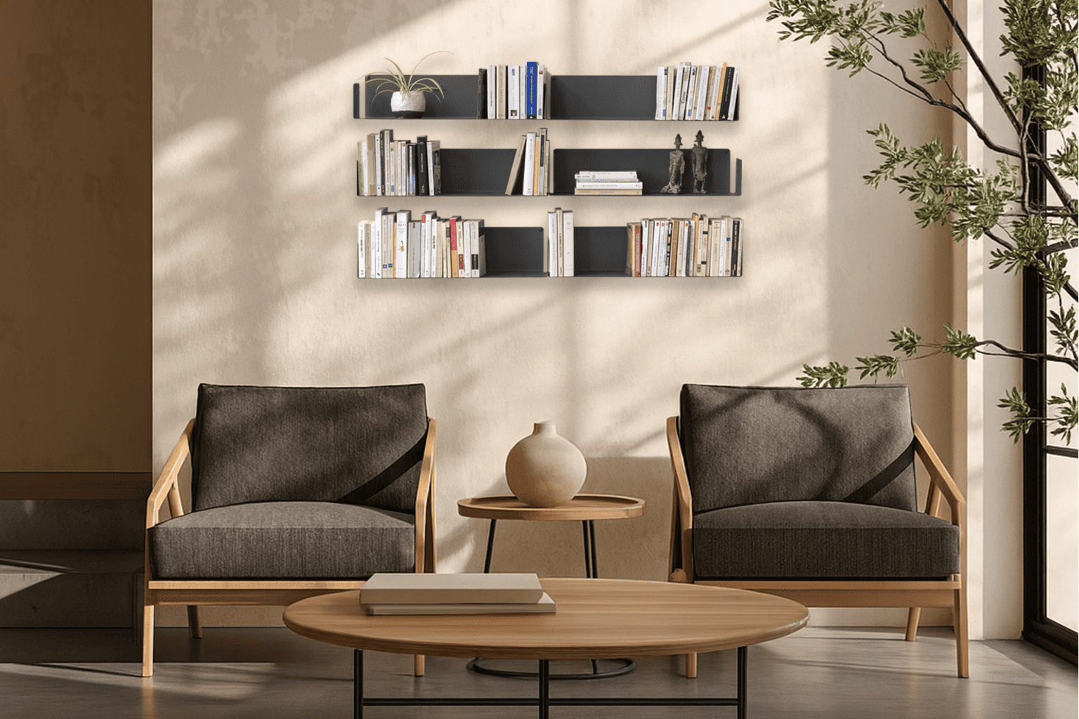 Bibliothèque murale grise dans un salon minimaliste – solution design aux bonnes dimensions bibliothèque et profondeur bibliothèque idéale pour optimiser l’espace mural du salon.