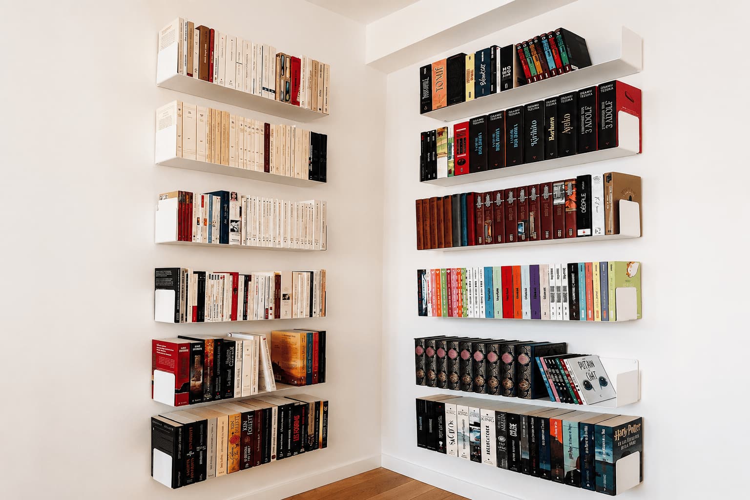 Bibliothèque d'angle optimisant un espace inutilisé grâce à une bibliothèque murale moderne