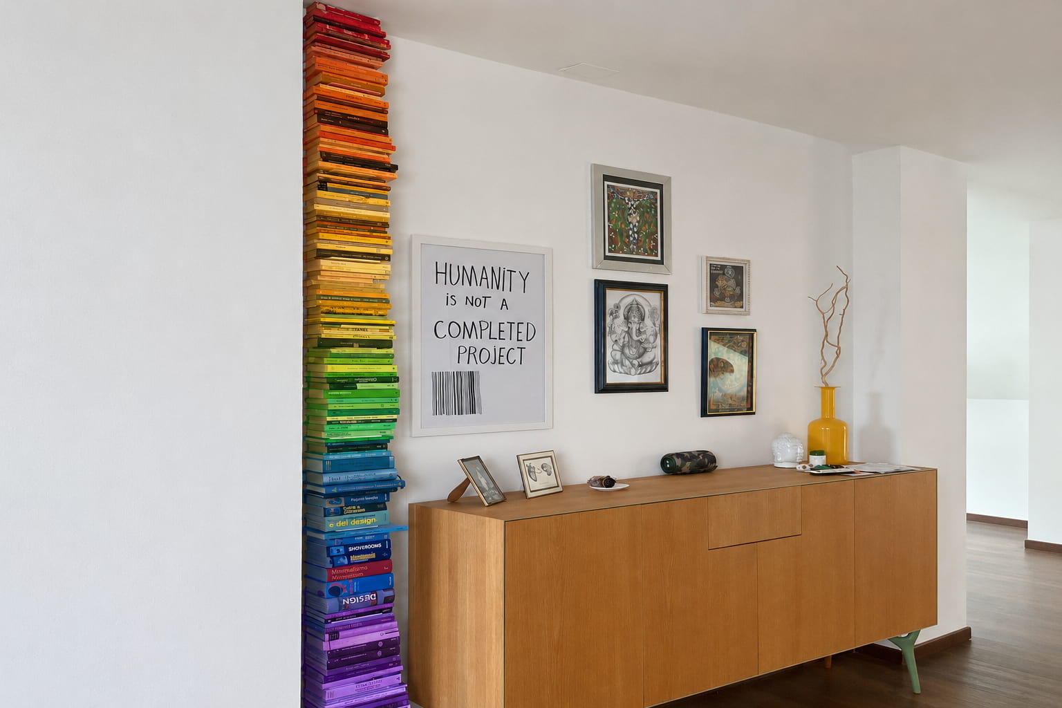 Bibliothèque arc-en-ciel en colonne, exemple de bibliothèque rangée par couleur du rouge et orange au jaune, vert, bleu et violet, dans un salon avec buffet en bois.