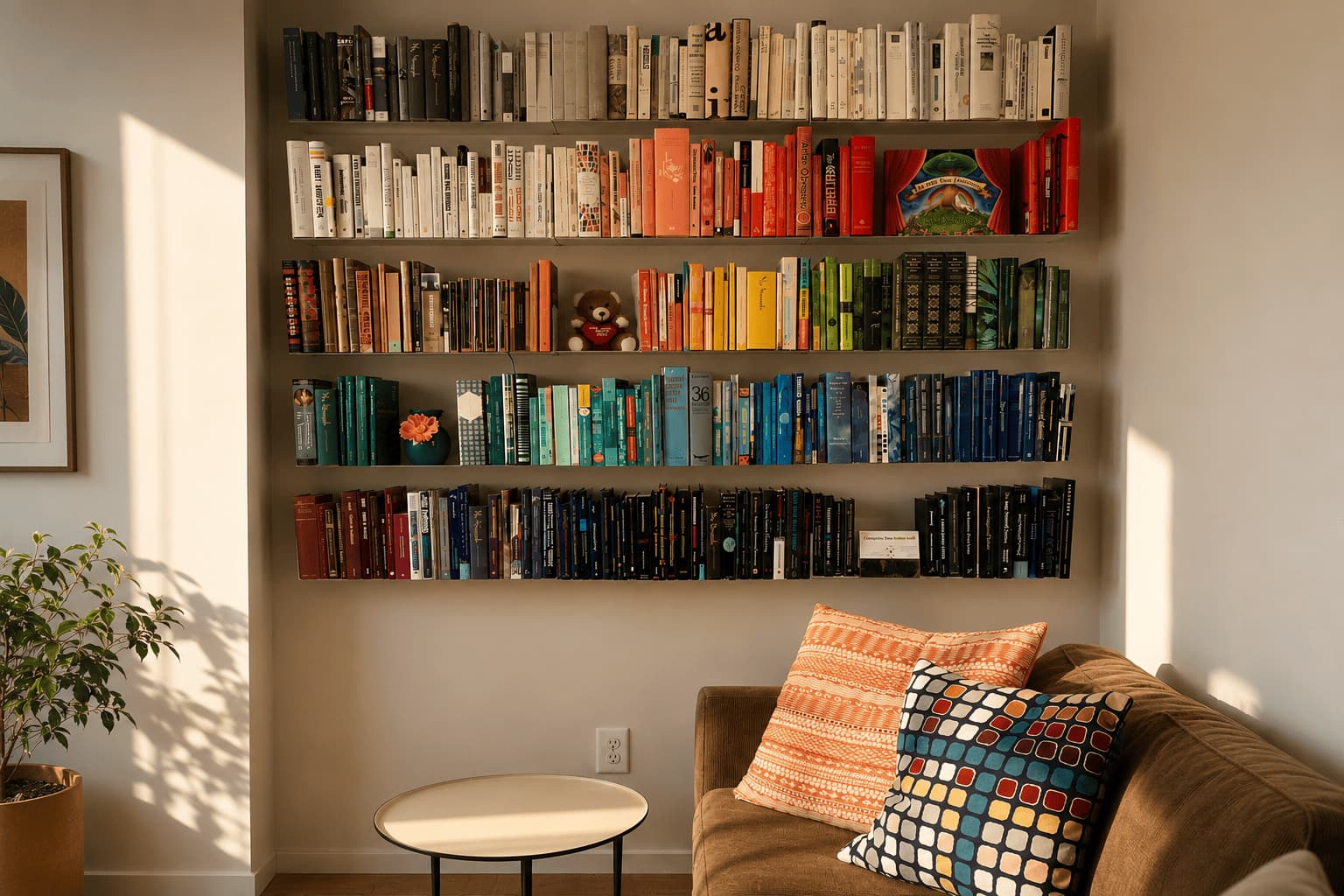 Bibliothèque arc-en-ciel dans un salon, avec des livres rangés par couleur sur cinq étagères murales, du blanc et rouge au jaune, vert, bleu et noir, avec quelques objets décoratifs.