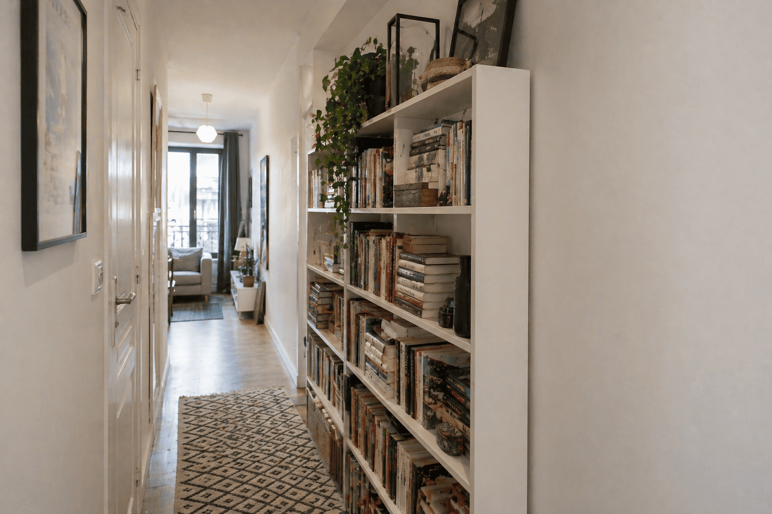 Bibliothèque étroite blanche remplie de livres dans un long couloir lumineux avec parquet et décoration chaleureuse