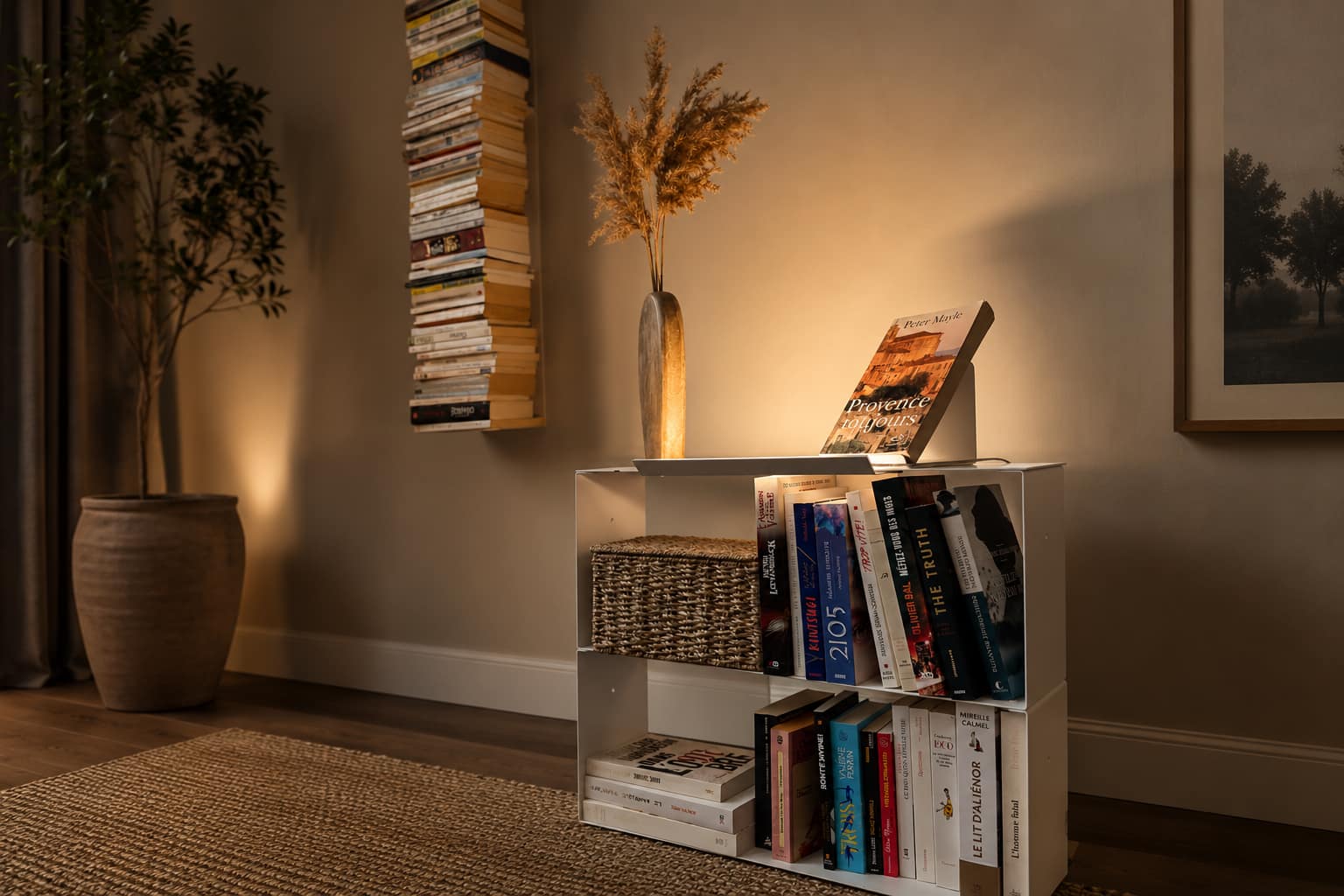 Bibliothèque meuble basse blanche décorée avec livres, panier tressé, vase de fleurs séchées et livre exposé dans un salon chaleureux.