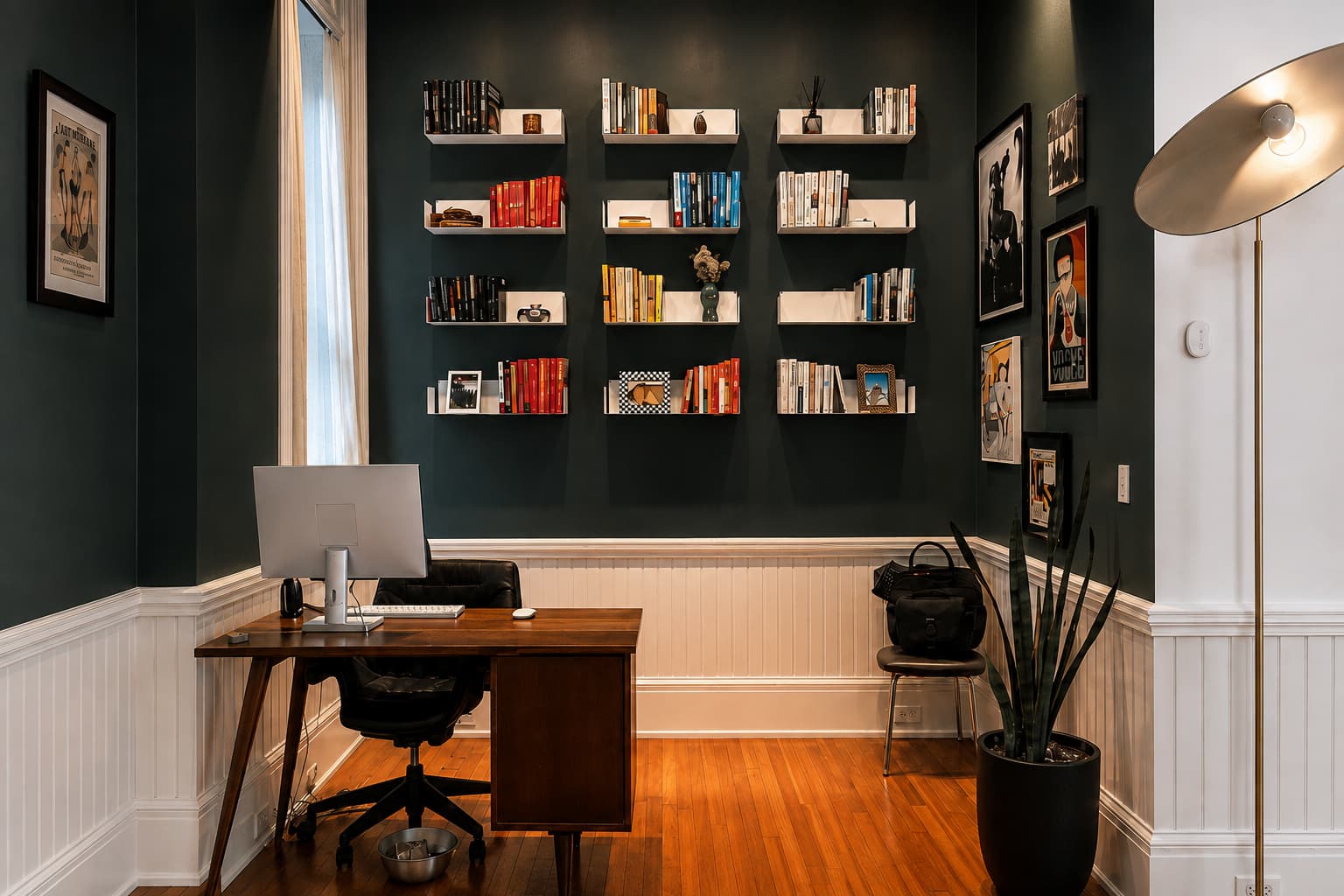 Bibliothèque murale blanche aménagée dans un bureau avec rangées de livres colorés, cadres photo, vase et objets décoratifs sur un mur vert foncé.