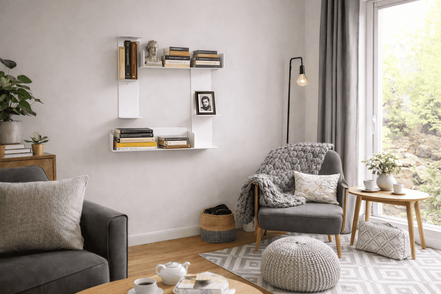 Bibliothèque murale contemporaine mise en scène dans un coin lecture cosy, avec fauteuil, textiles doux et livres soigneusement disposés pour une ambiance apaisante.