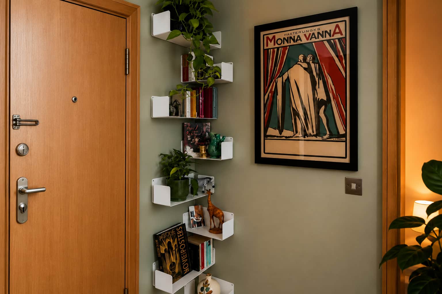Idée de bibliothèque murale dans une entrée avec étagères verticales, livres, plantes et objets