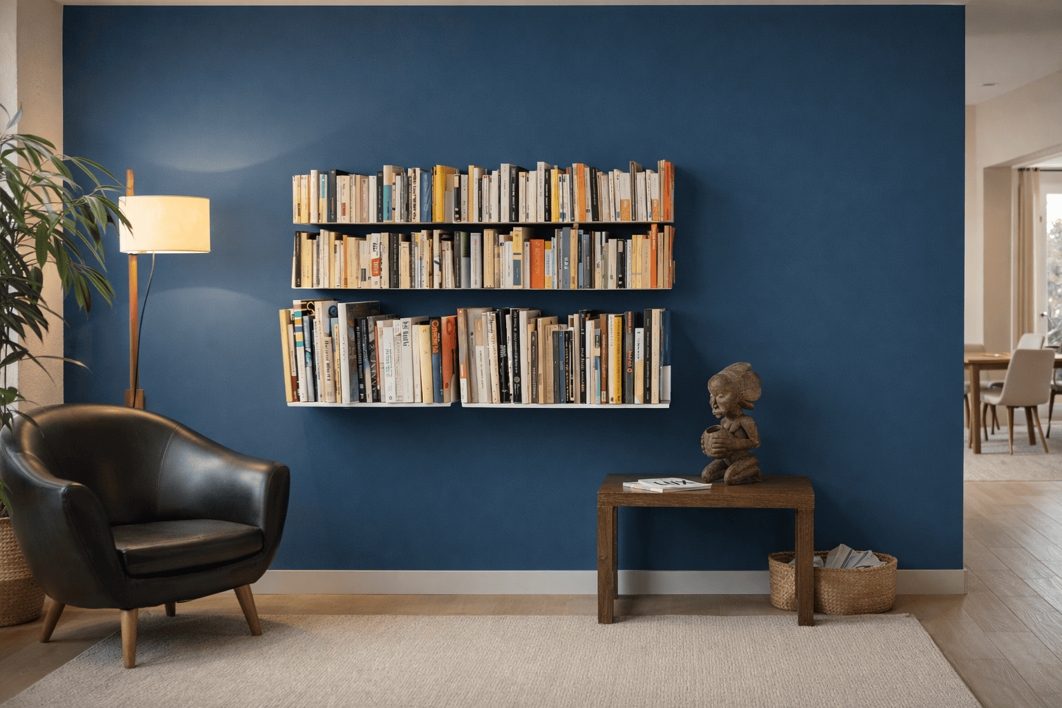 Bibliothèque murale moderne installée sur un mur bleu profond, composée d’étagères design remplies de livres, dans un salon élégant avec fauteuil en cuir et ambiance chaleureuse.