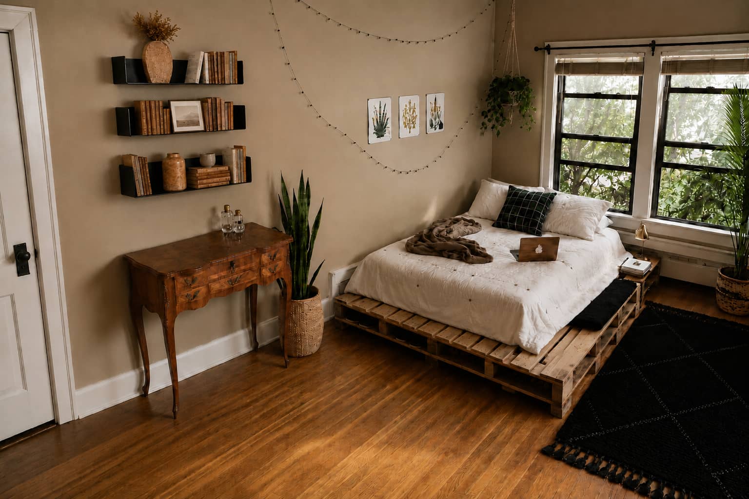 Étagères murales noires dans une petite chambre aux tons beige, bois et noir, avec une palette de couleurs sobre