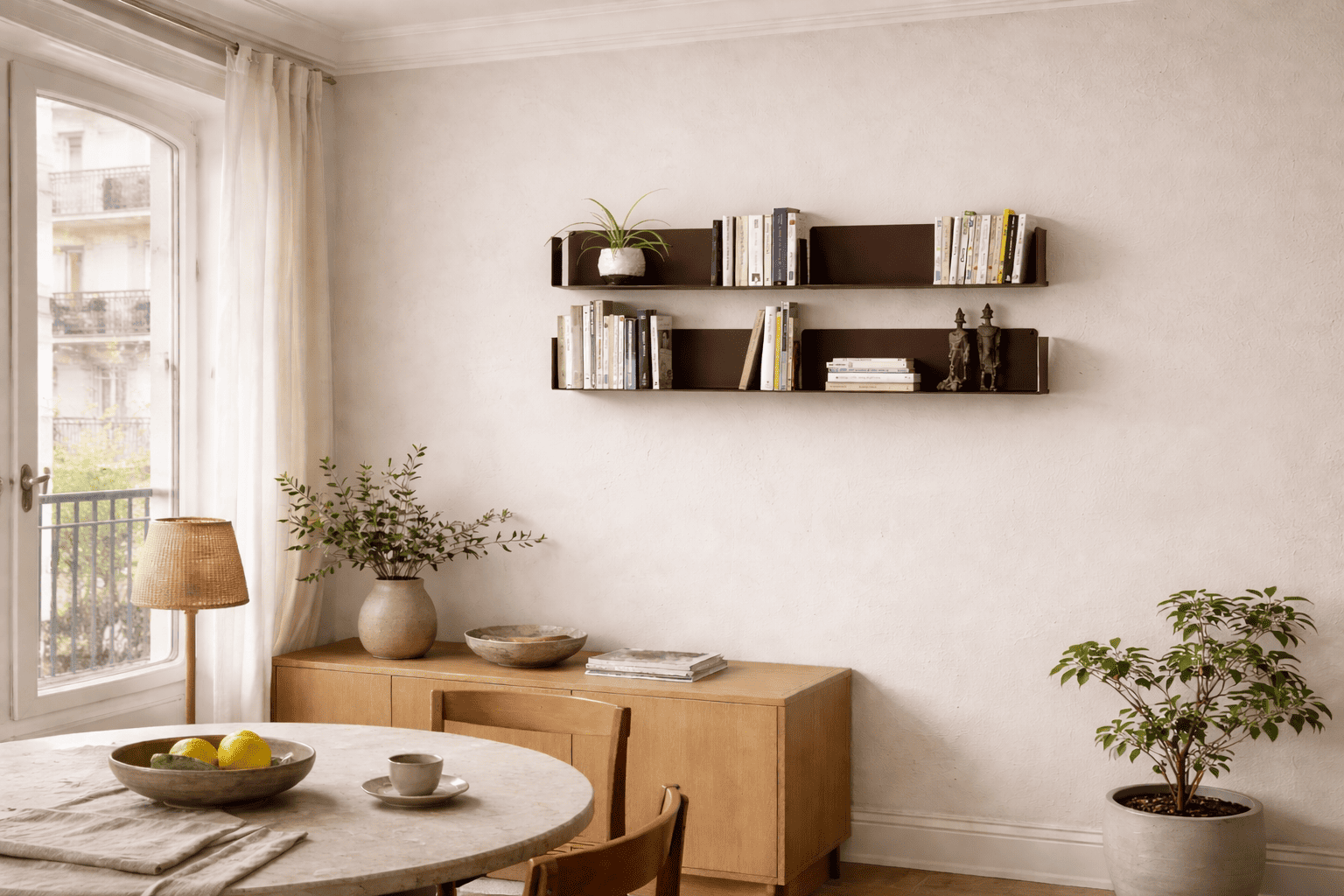 Bibliothèque murale minimaliste installée dans une salle à manger élégante, associant étagères murales et objets décoratifs pour une atmosphère chaleureuse et équilibrée.