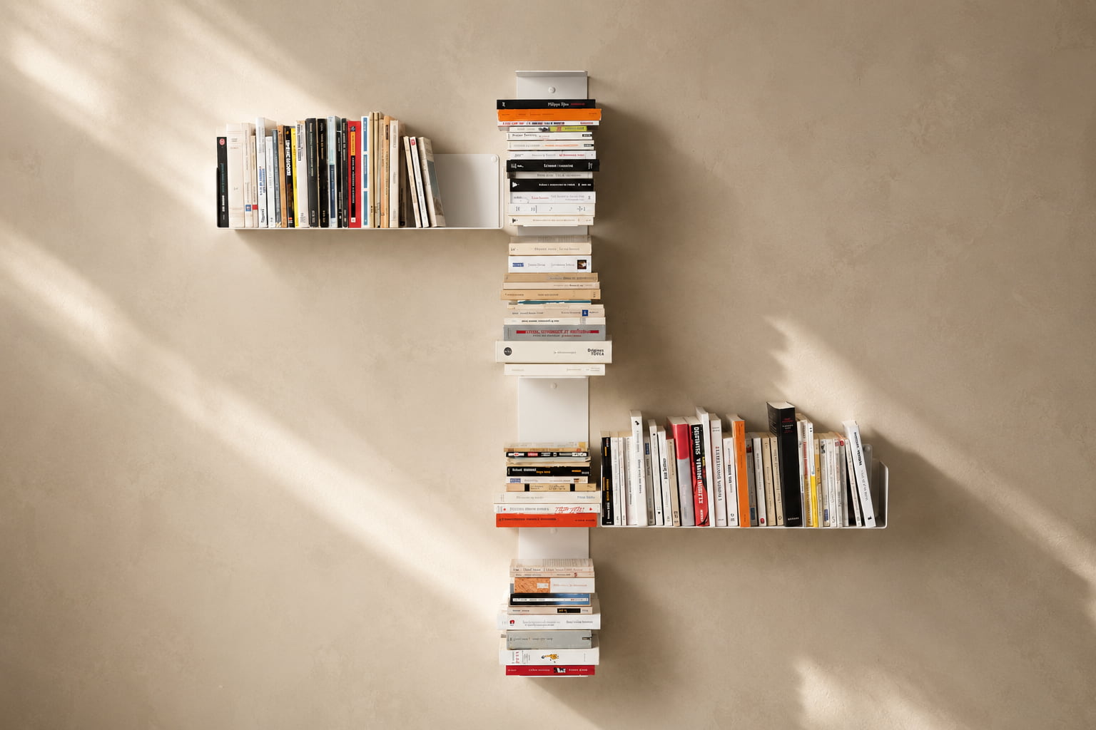 Bibliothèque murale originale en forme de chicane, combinant une colonne verticale de livres et deux rangées horizontales partant de chaque côté.