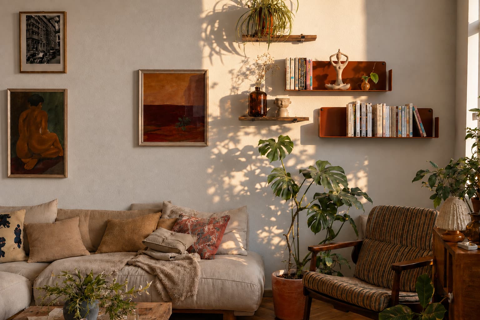 Bibliothèque murale terracotta sur mur clair, mise en valeur par une lumière naturelle chaude dans le salon