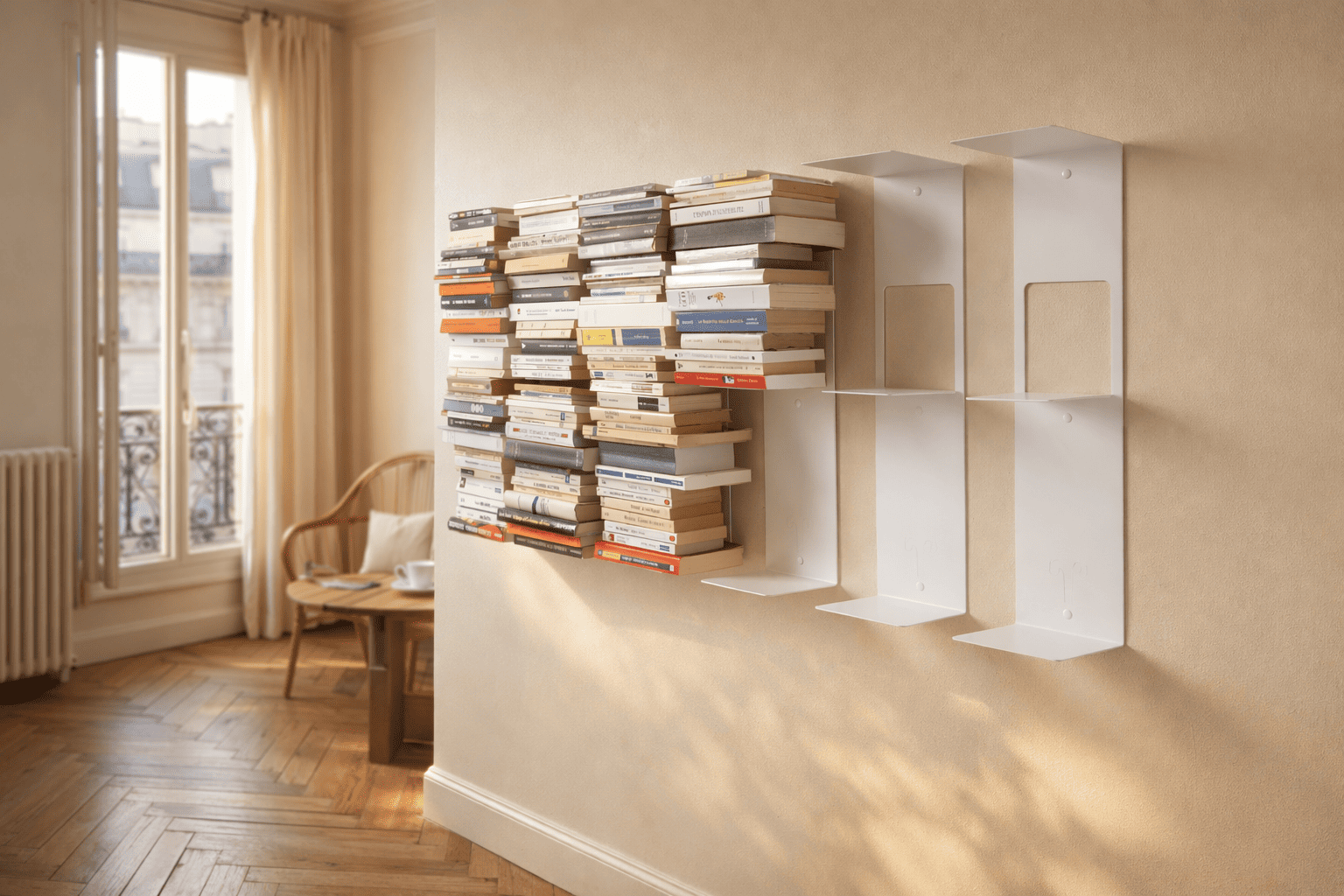 Bibliothèque murale design en acier blanc avec composition verticale et horizontale, livres empilés créant un fort impact décoratif dans un salon lumineux