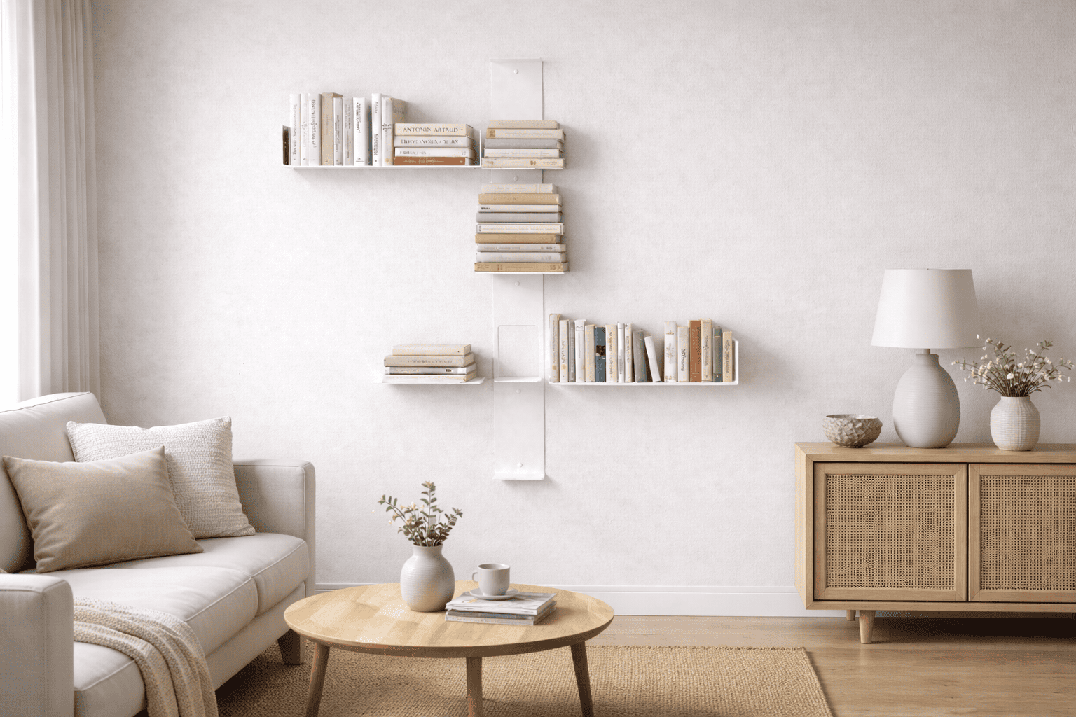 Bibliothèque murale design en métal blanc intégrée dans un salon lumineux, avec livres disposés de manière graphique et mobilier aux tons naturels créant une ambiance calme et contemporaine.