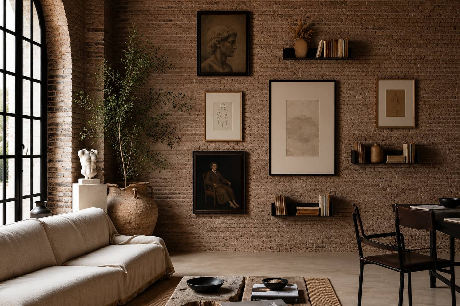 Salon industriel avec mur en briques foncées et plusieurs étagères murales noires accueillant des livres et des objets décoratifs.