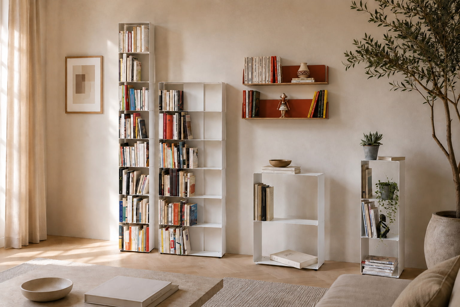 Salon lumineux avec plusieurs bibliothèques blanches de hauteurs et largeurs différentes, illustrant les dimensions idéales d’une bibliothèque modulable.