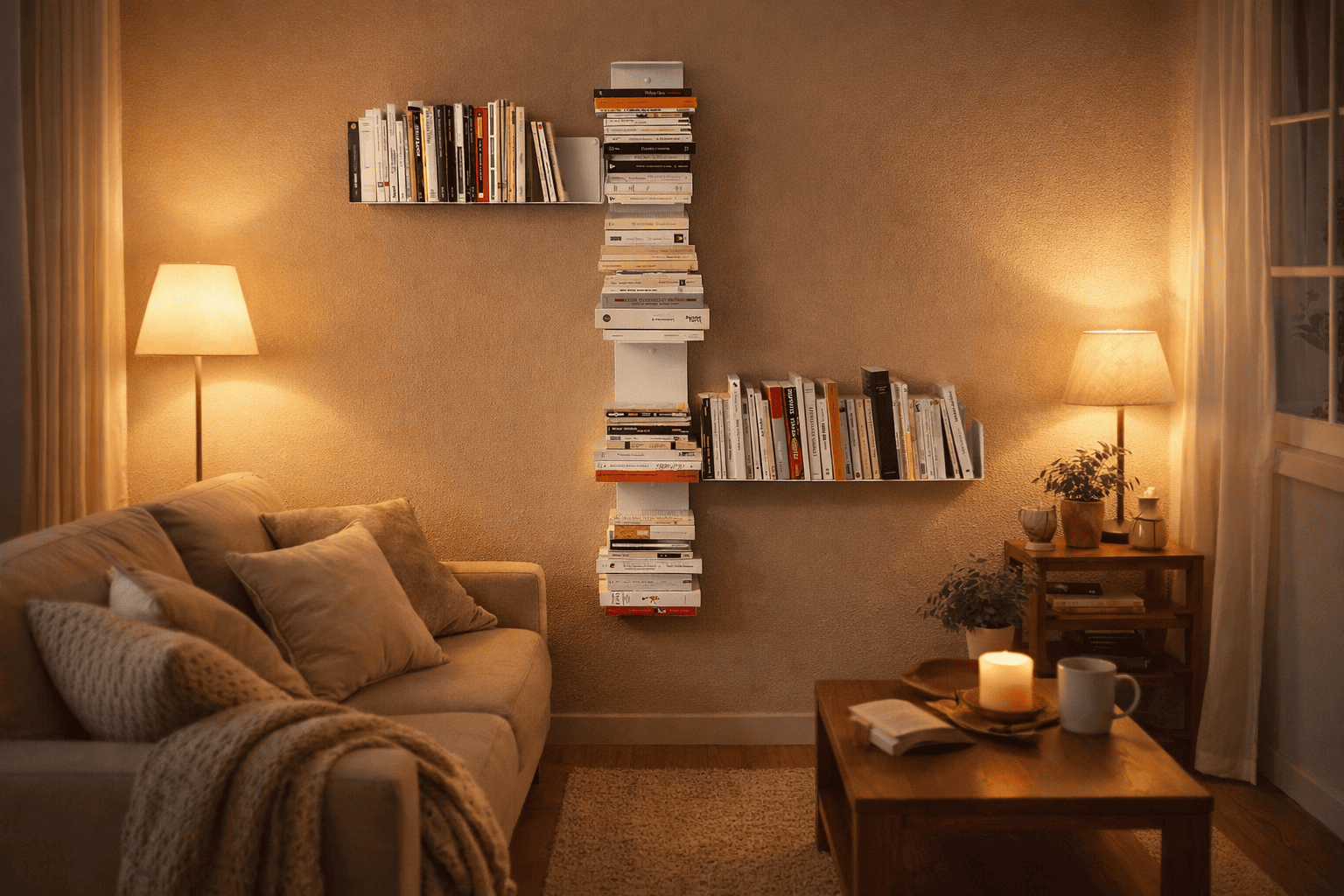 Bibliothèque murale originale mêlant étagères verticales et horizontales, installation graphique au mur dans un salon chaleureux et contemporain