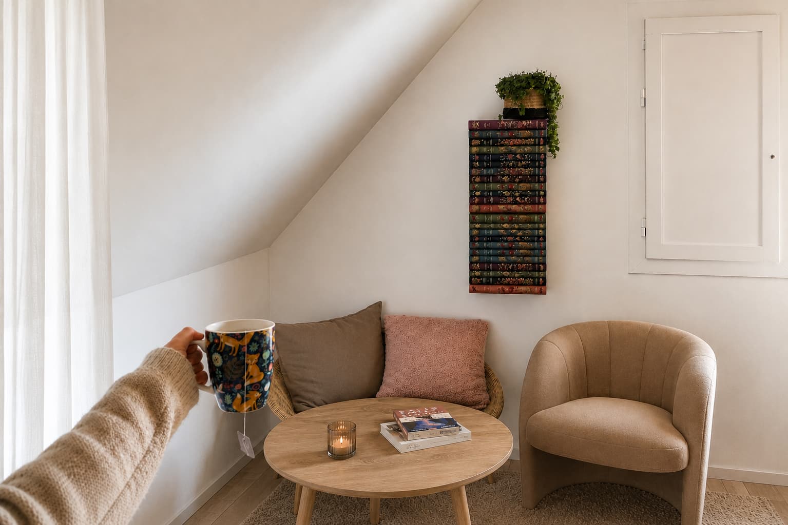 Idée de bibliothèque murale pour un coin lecture sous pente avec rangement vertical de livres