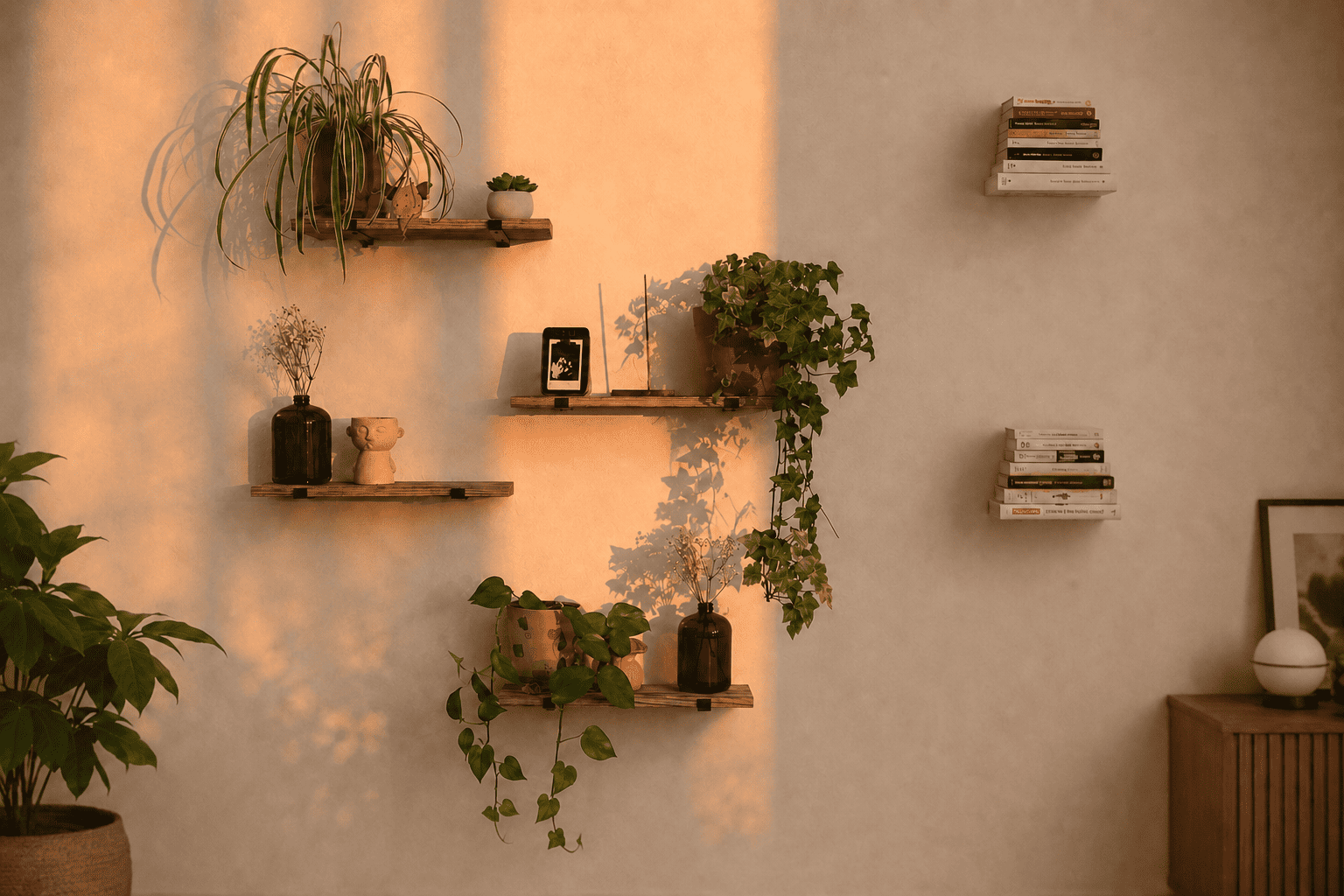 Étagères sans équerre en bois et en métal disposées sur un mur beige, avec plantes vertes, livres et objets décoratifs dans une ambiance chaleureuse.