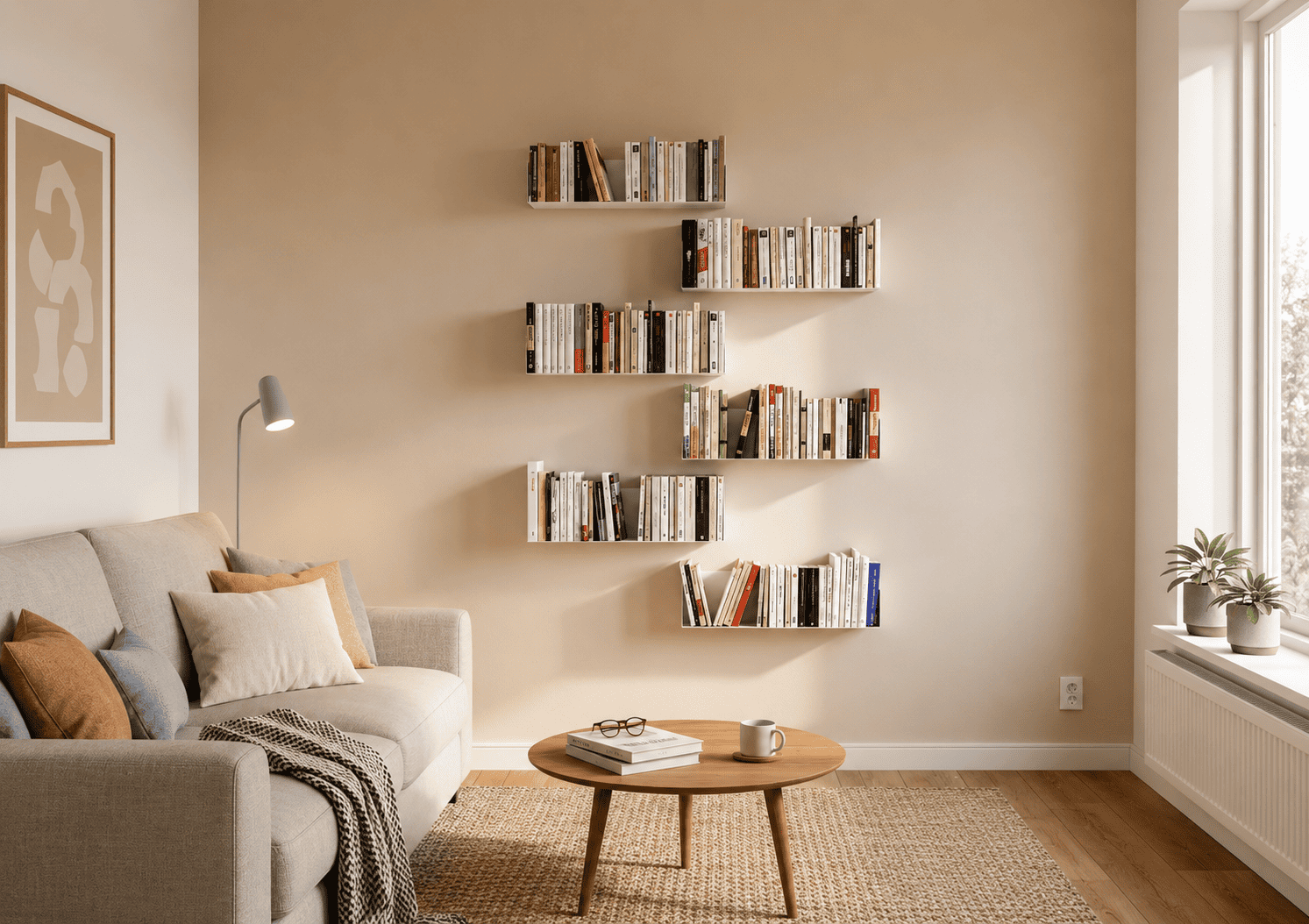 Habiller un mur vide avec des étagères murales blanches remplies de livres dans un salon moderne et lumineux