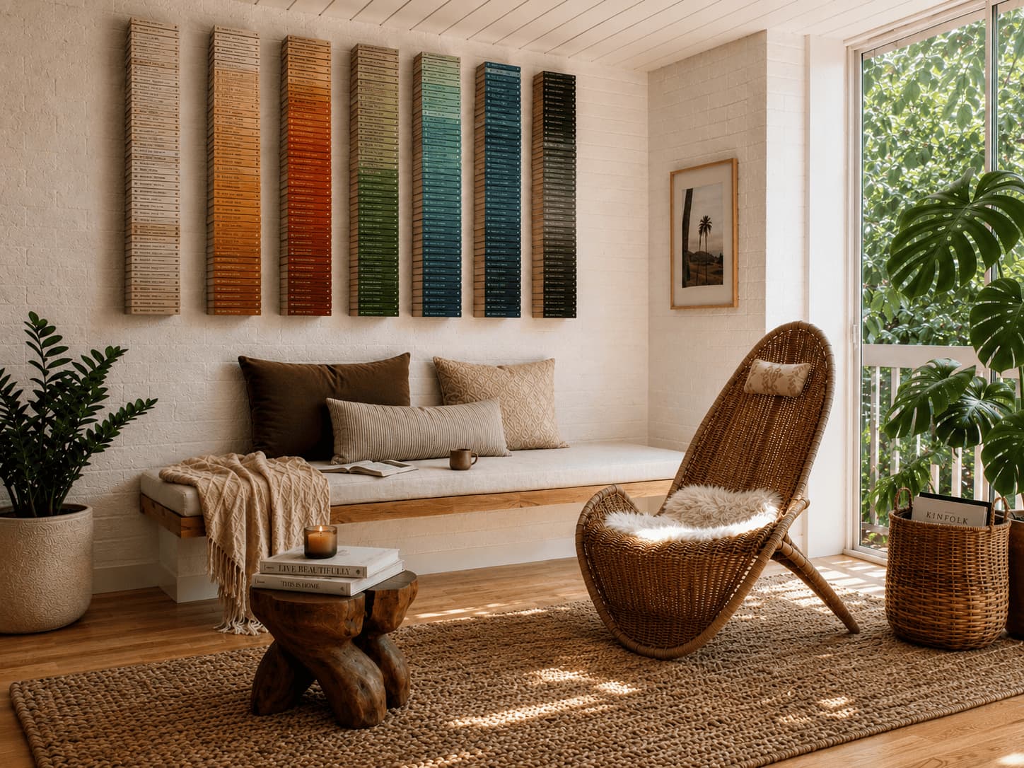 Grandes colonnes verticales de livres classés par couleur sur un mur, formant une bibliothèque arc-en-ciel décorative au-dessus d’un banc.