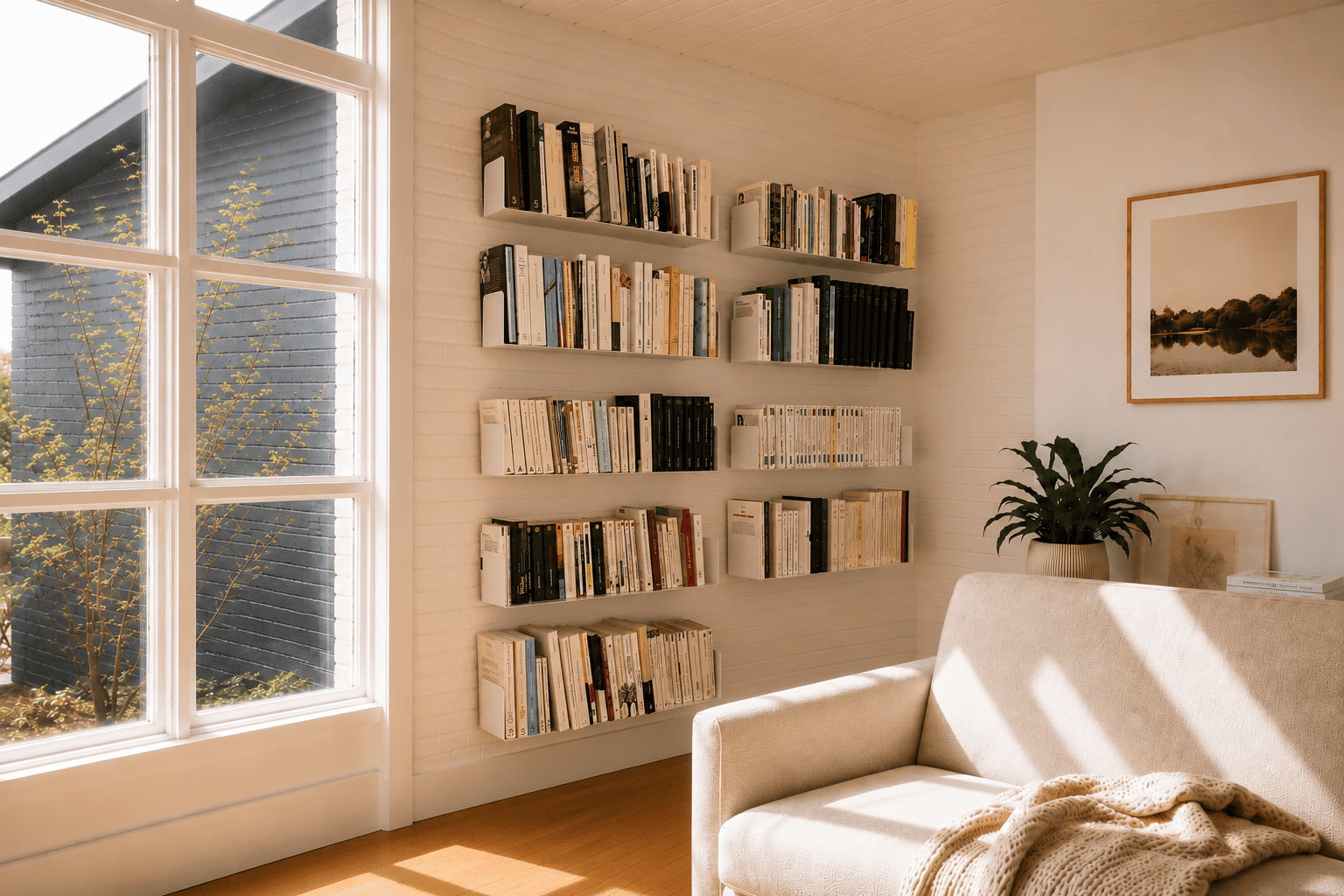 Décoration de bibliothèque murale minimaliste avec livres classés par couleur sur des étagères murales blanches.