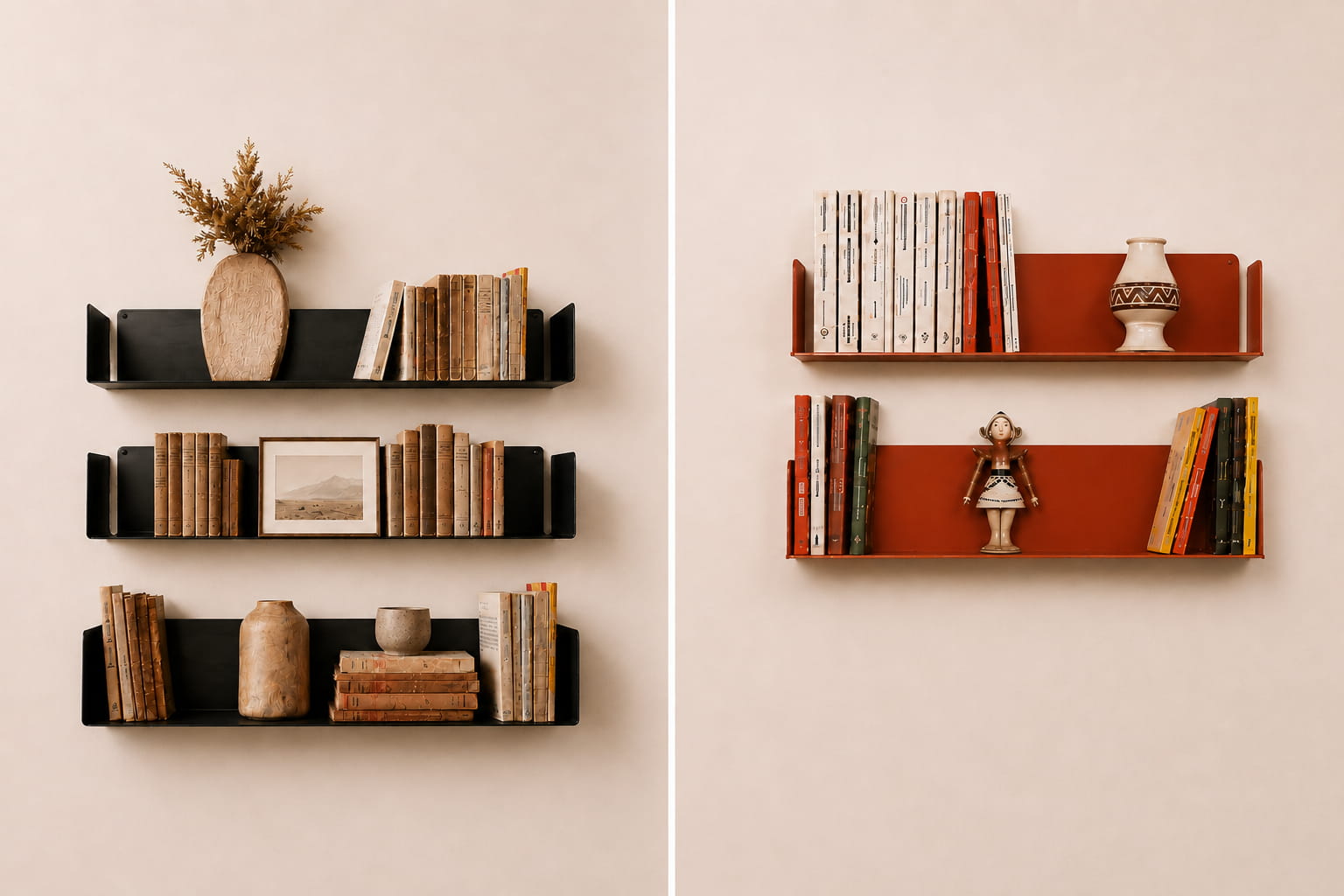 Décoration de bibliothèque murale avec étagères noires et terracotta, livres, vases, cadre et objets dans deux compositions aux palettes contrastées.