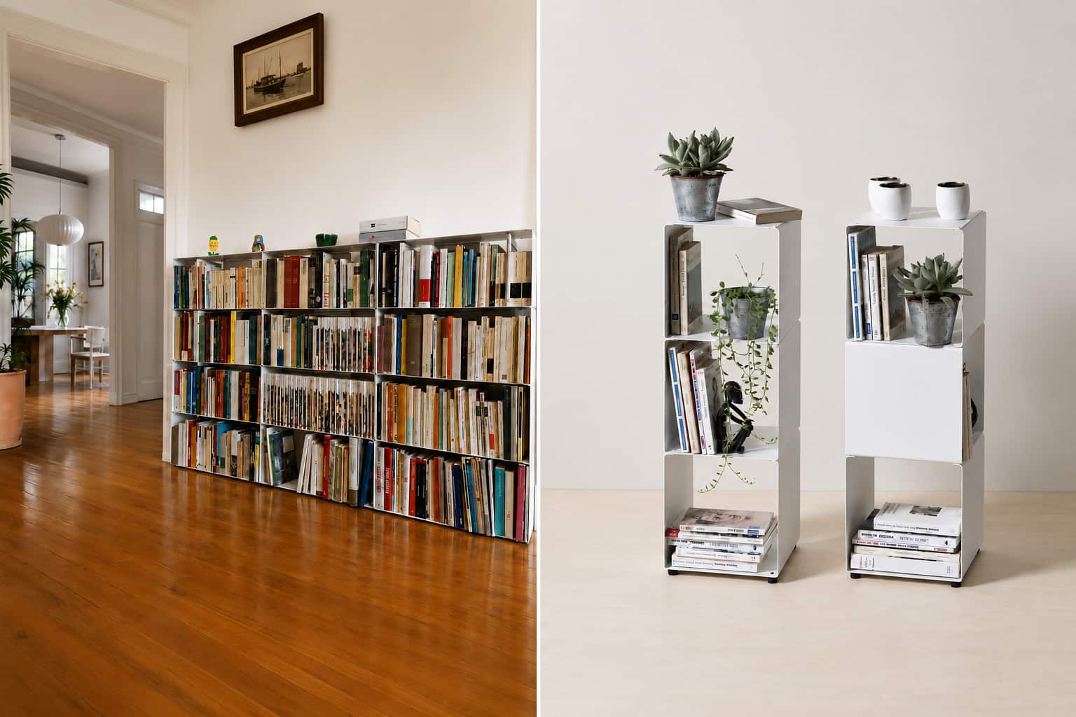 Deux façons de décorer une bibliothèque : un grand meuble entièrement rempli de livres et des colonnes de rangement plus aérées avec livres, plantes et objets.