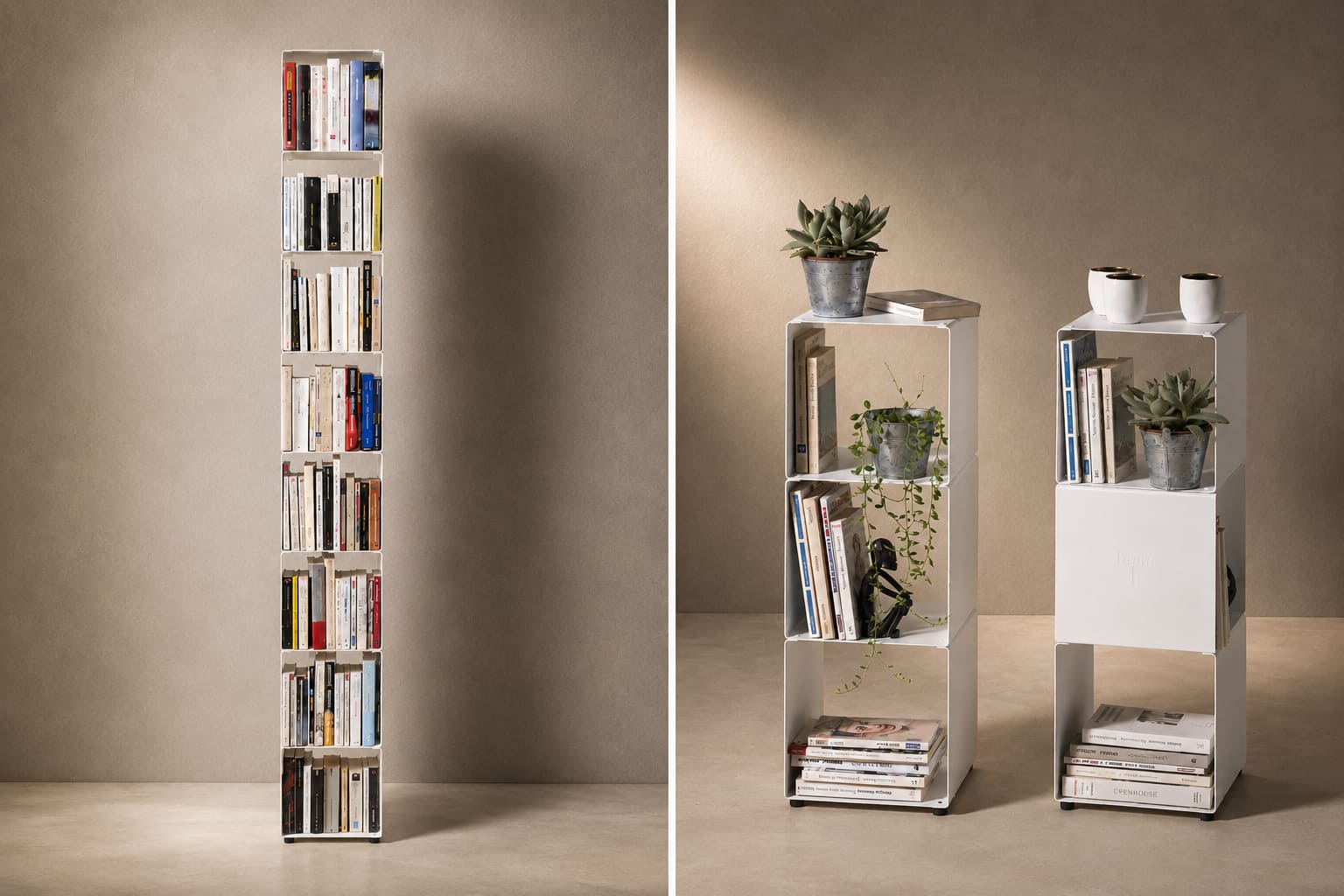 Décoration de colonnes de rangement blanches avec livres, plantes grasses et plante retombante, montrant une version haute très remplie et deux compositions plus aérées.