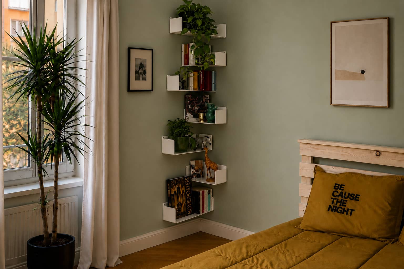 Décoration d’une composition de bibliothèque murale d’angle dans une chambre, avec livres, plantes vertes et petits objets disposés verticalement près du lit.