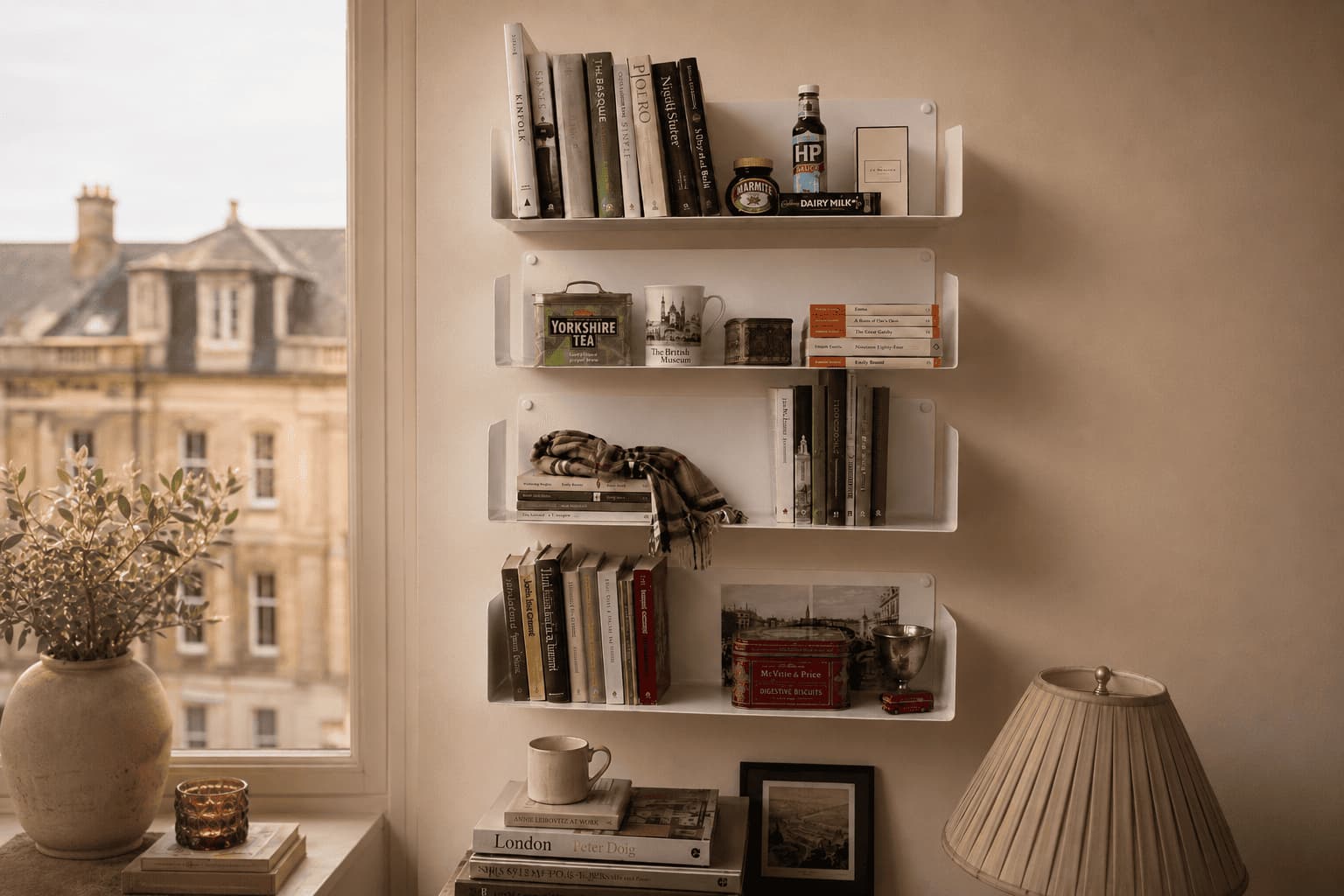 Bibliothèque murale blanche décorée avec des livres, boîtes à thé, cadres et objets personnels dans un salon chaleureux