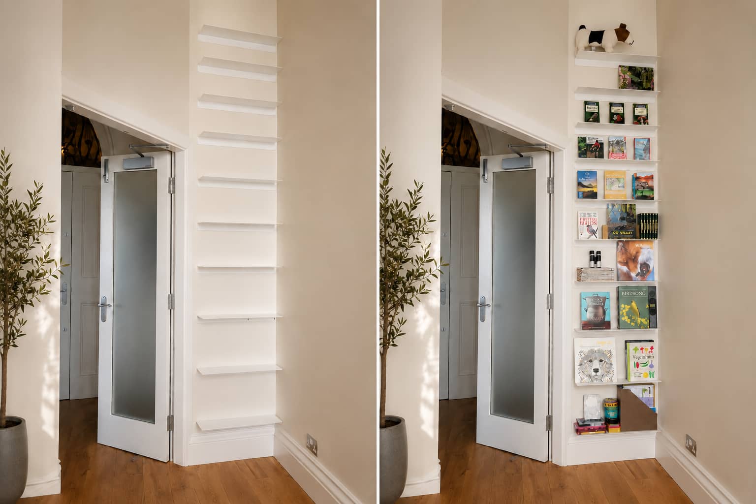 Avant et après d’un mur équipé de plusieurs étagères avec différents livres et objets
