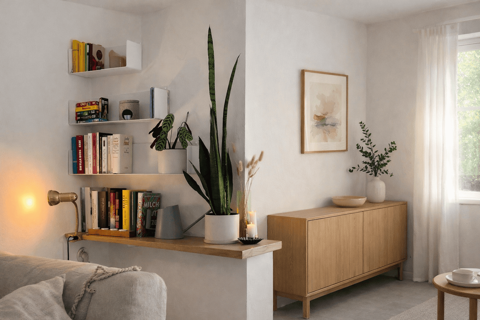 Étagère murale pour livres installée au-dessus d’un canapé dans un salon contemporain, idéale pour organiser les livres avec légèreté et sobriété.
