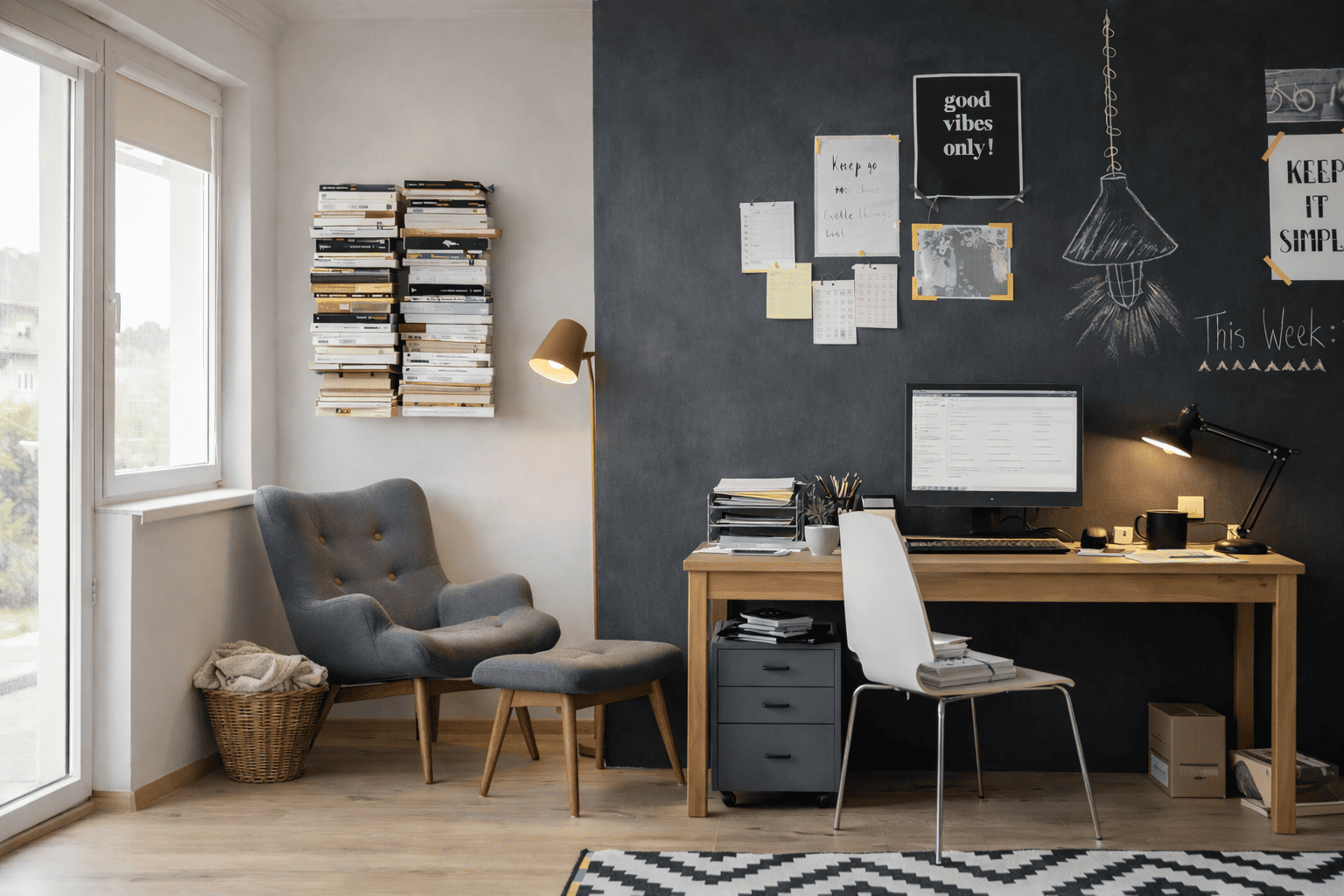 Étagère à livres murale dans un bureau moderne, associée à un coin lecture avec fauteuil et repose-pieds, illustrant des étagères murales à livres idéales pour un espace de travail et de détente.