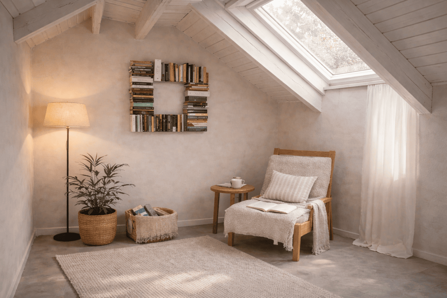 Coin lecture cosy sous les combles avec une étagère à livres murale composée de livres formant un cadre, fauteuil en bois clair, lumière douce et ambiance chaleureuse