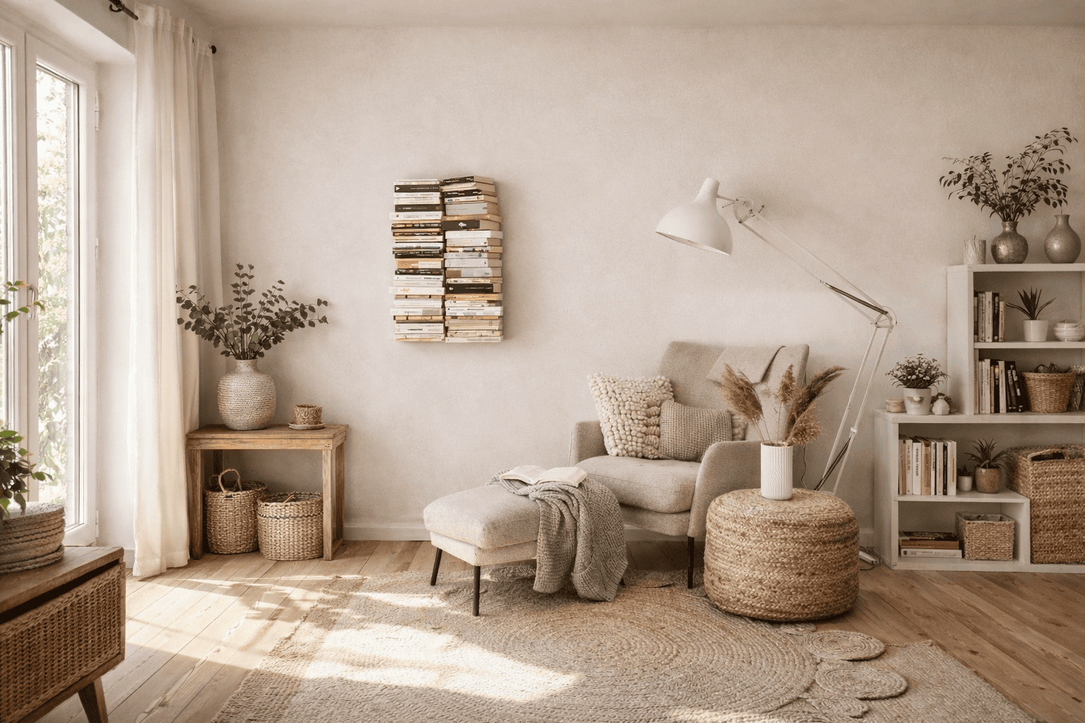 Étagère à livres murale discrète dans un salon chaleureux, accompagnée d’un coin lecture avec fauteuil confortable, textiles naturels et lumière douce, illustrant des étagères murales à livres au style apaisant.