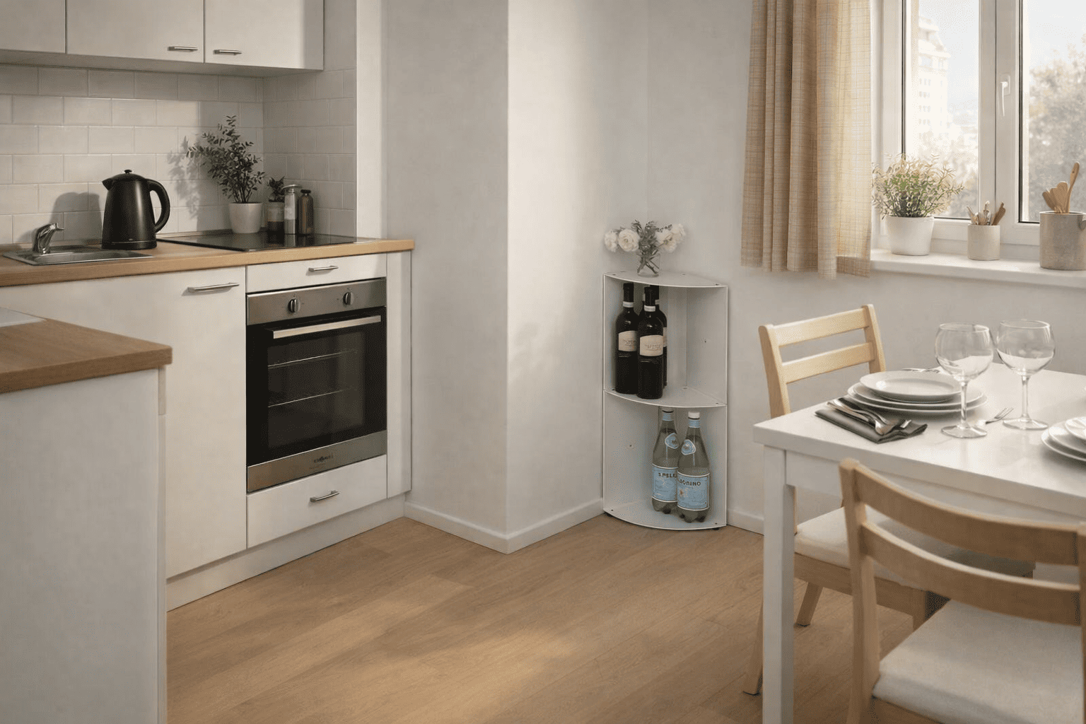Étagère d’angle à poser installée dans une petite cuisine avec coin repas, offrant un rangement pratique et discret pour bouteilles et vaisselle.