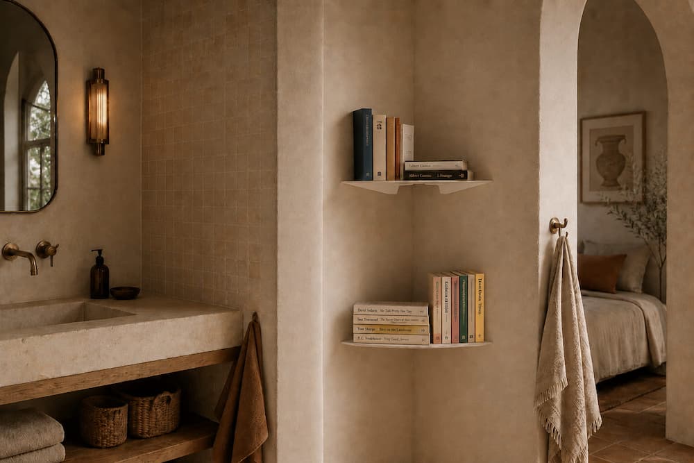 Salle de bains beige avec deux étagères murales blanches installées dans un angle de cloison et accueillant plusieurs livres.