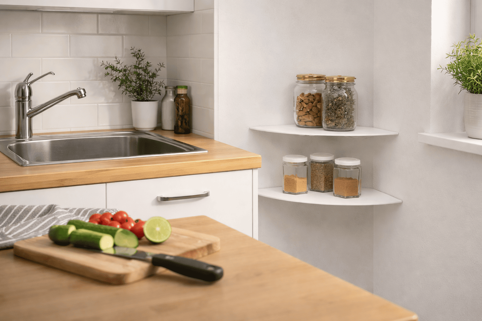 Étagère d’angle cuisine blanche installée trop bas près du plan de travail, encombrée de bocaux et gênant l’espace de préparation dans une cuisine moderne