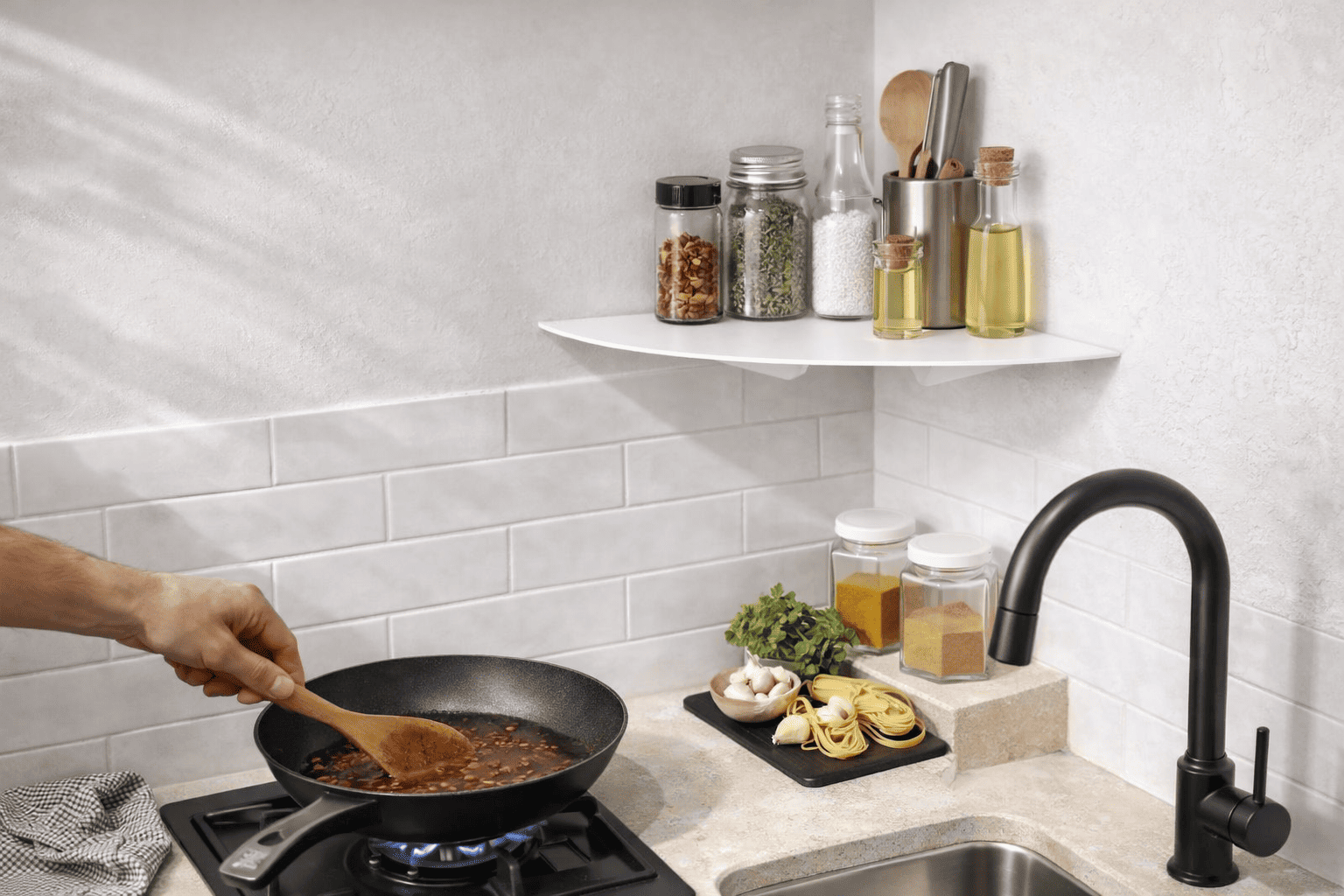 Étagère d’angle murale en cuisine au-dessus du plan de travail, optimisant le rangement dans une cuisine de petite taille.