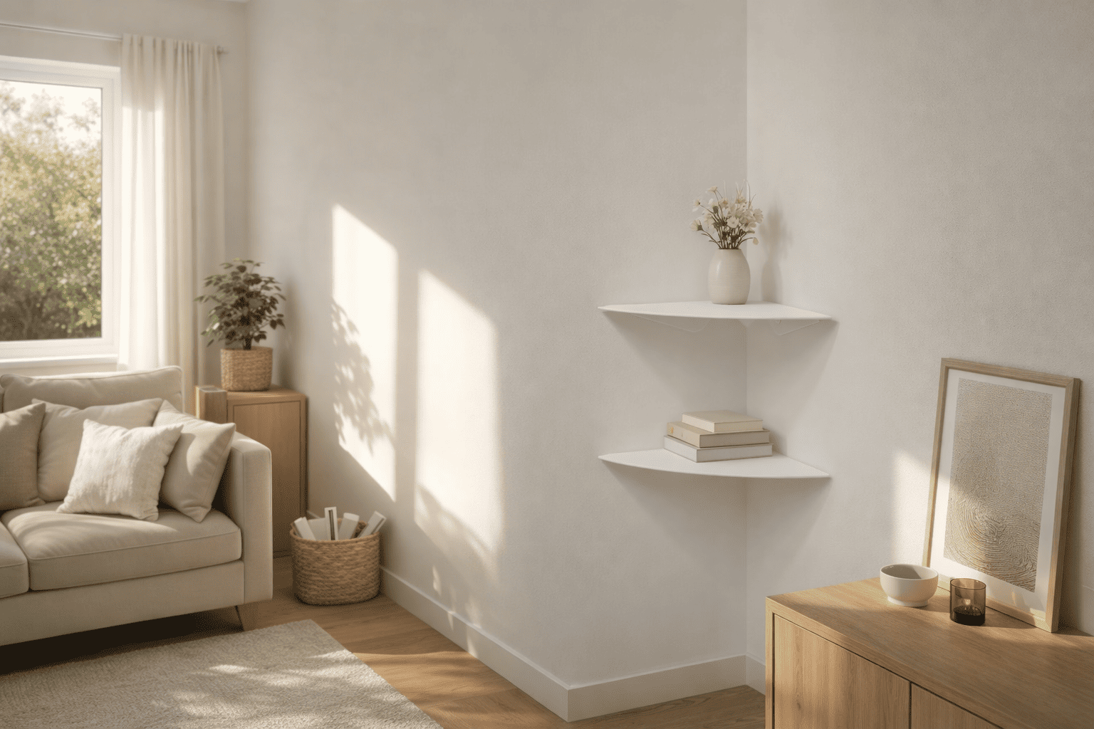 Étagère murale blanche d’angle installée dans un salon lumineux, utilisée comme support décoratif avec livres et vase.