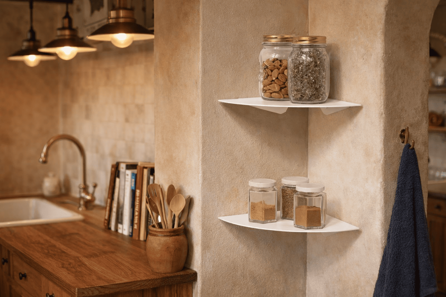 Étagère d’angle murale en cuisine avec bocaux et huiles, solution de rangement fonctionnelle dans un espace compact.