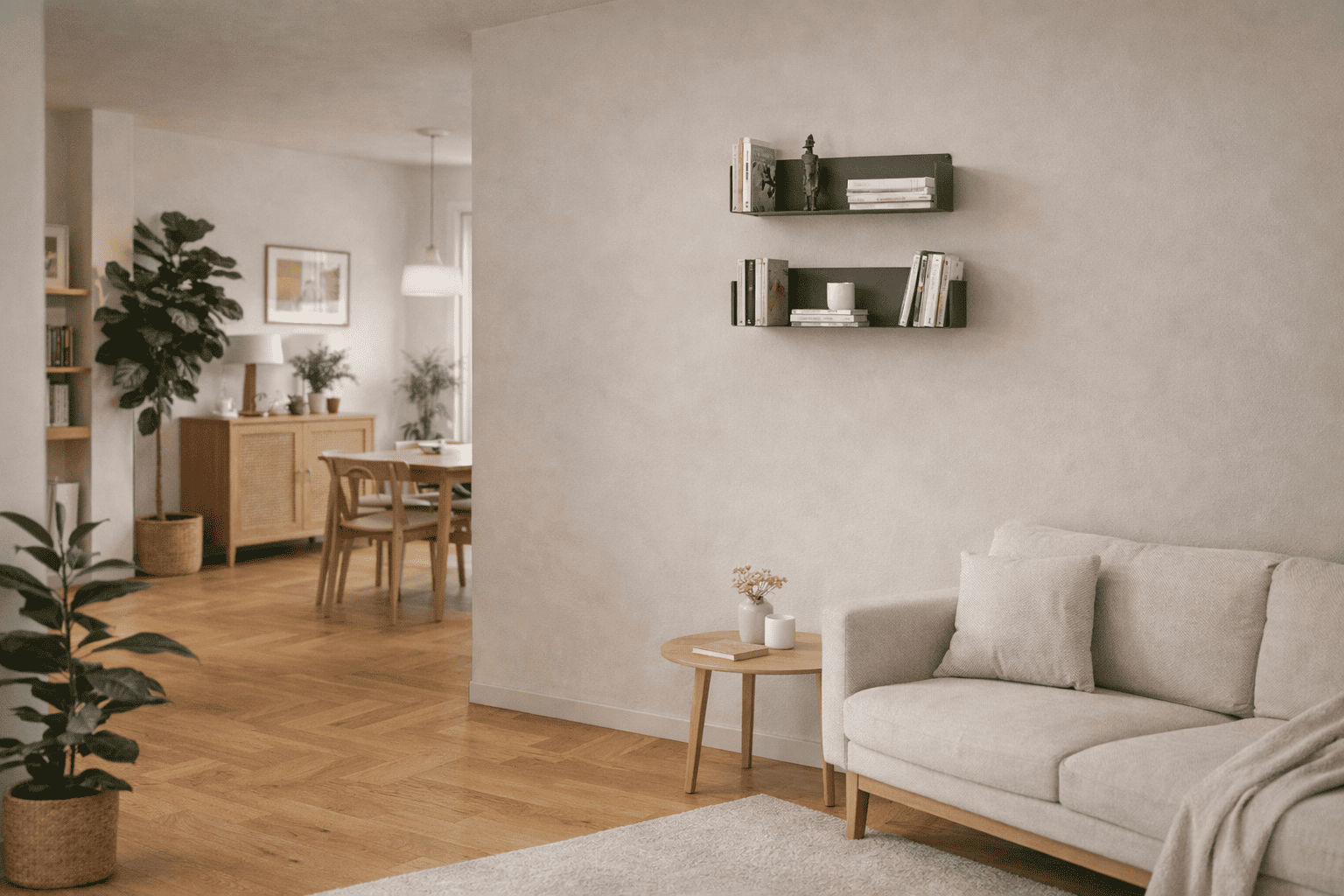 Étagère murale colorée grise en acier, utilisée comme rangement mural discret dans un intérieur sobre et équilibré